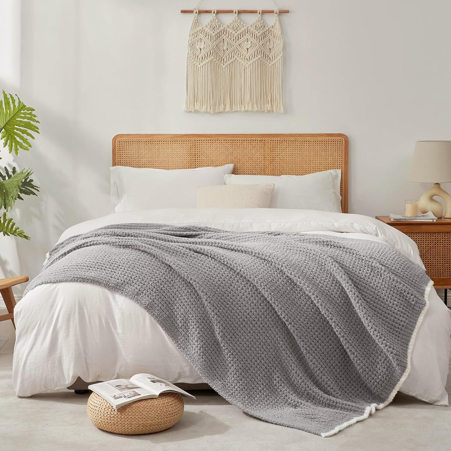 Snuggle Sac Grey Waffle Throw Blanket for Couch Bed Sofa 60x80 inches, Reversible Grey Blanket Microfiber Fluffy Fuzzy Cozy Knit Twin Blanket for Women Mothers Birthday Gifts