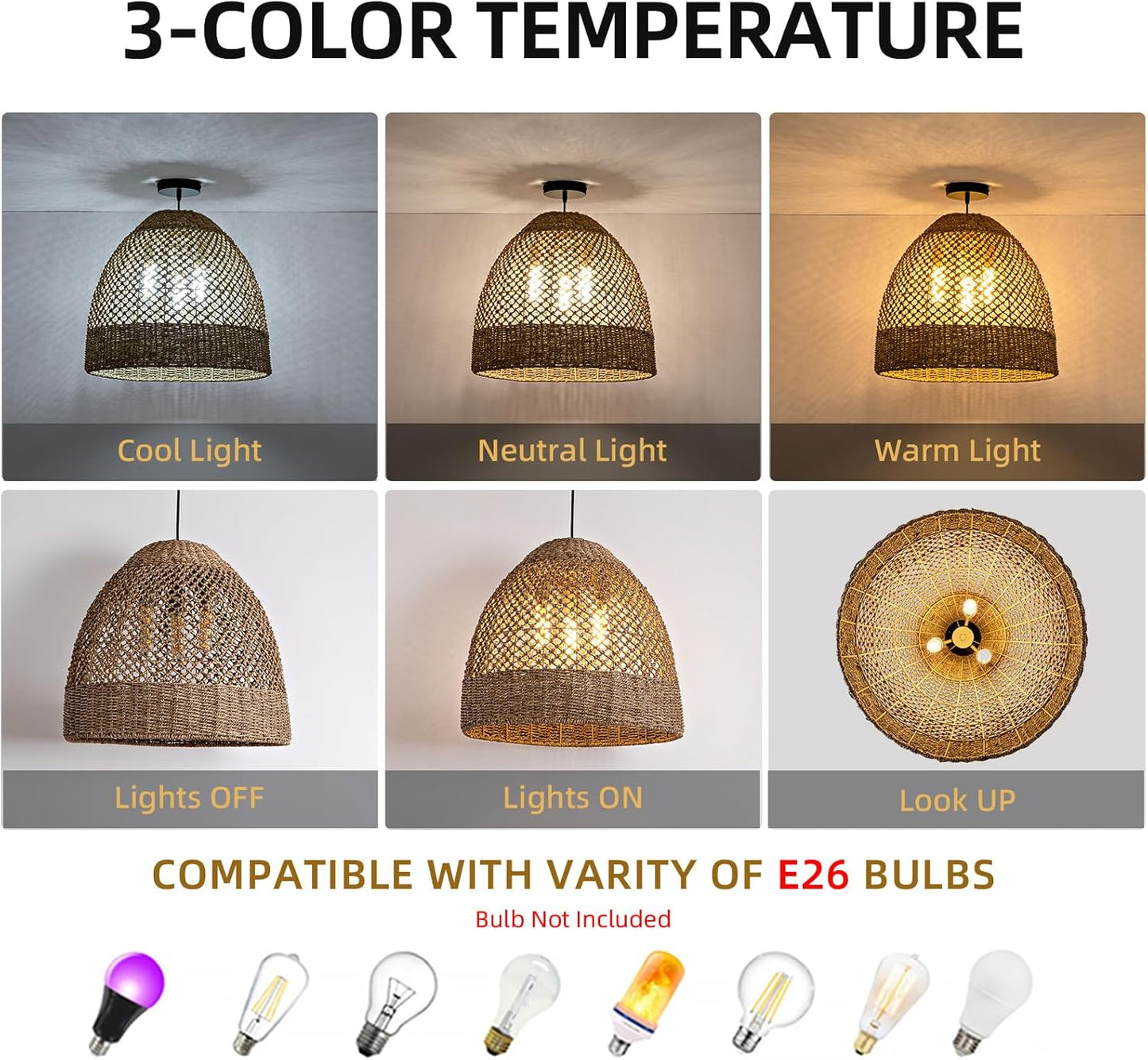 19" Rattan Pendant Light,Hand-Woven Rustic Wicker Hanging Light 3-Light Seagrass Ceiling Chandelier Oval Water Plants Rattan Chandelier for Dining Living Bedroom Kitchen Farmhouse