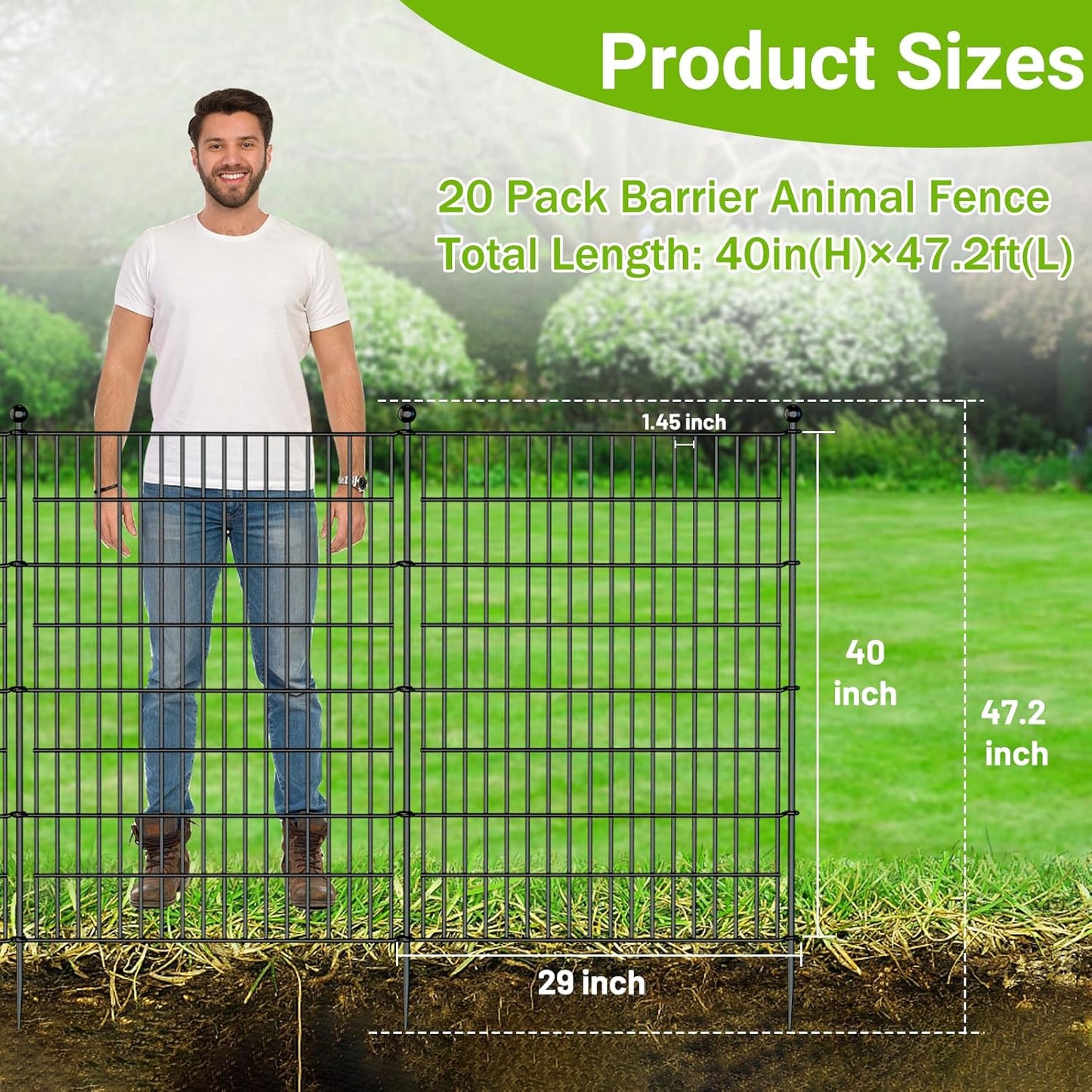 20 Panels No Dig Decorative Outdoor Garden Fence for Yard, 40 in(H) X 47.2 ft(L) Animal Barrier Fencing Rustproof Metal Wire Panel Border for Dog, Rabbits, and Patio Temporary Ground Stakes