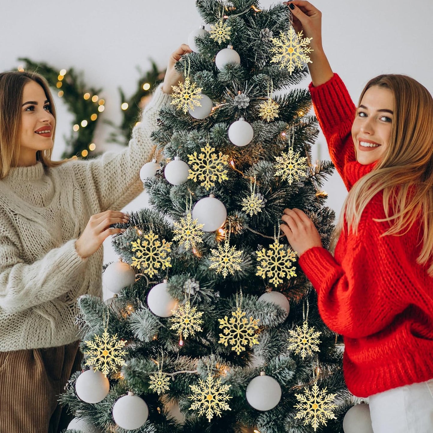 36pcs Gold Shine Christmas Snowflake Ornaments, Plastic Glitter Hanging Snow Flakes for Christmas Tree Decorations Winter Wonderland Frozen Birthday Party Holiday Home Decor