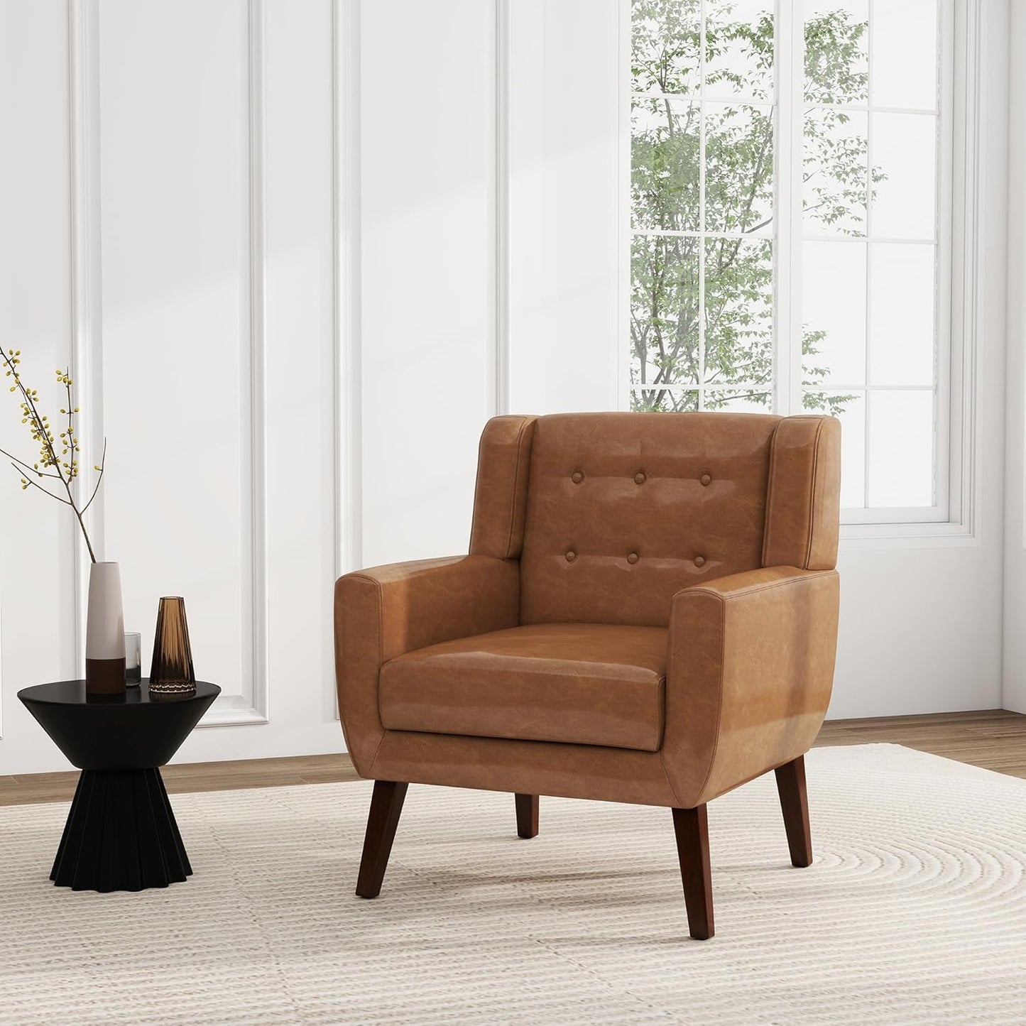 UIXE Faux Leather Accent Chairs Set of 4, Modern Arm Club Chair Upholstered Armchair for Living Room, Comfy Single Sofa Seats Button Tufted Reading Seating, Brown