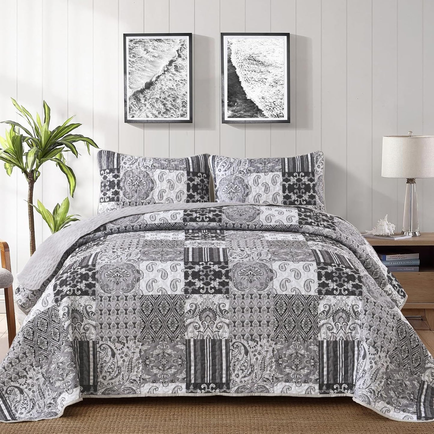 WONGS BEDDING Grey Quilt Set King Size, Patchwork Plaid Bedspread Bedding Sets Soft Microfiber Boho Quilts for King Bed 3 Pieces Coverlet Set for All Season (104"x90")