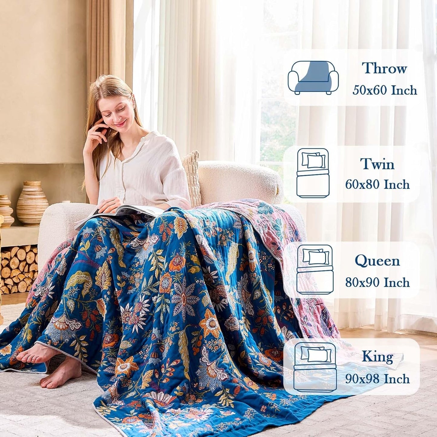 Fall Throw Blanket for Couch, Blue Boho Decorative Throw Blanket, 100% Cotton Muslin Breathable Woven Farmhouse Blankets Quilt, 90"x98" Reversible Lightweight Blankets Bohemian Throw Quilt