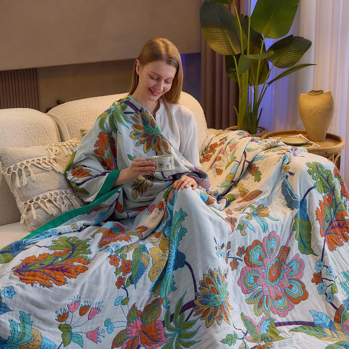 Summer Throw Blanket, 50"x60" Reversible Bohemian Flower Blanket, 100% Cotton Muslin Breathable Woven, Farmhouse Decorative Throw Blanket