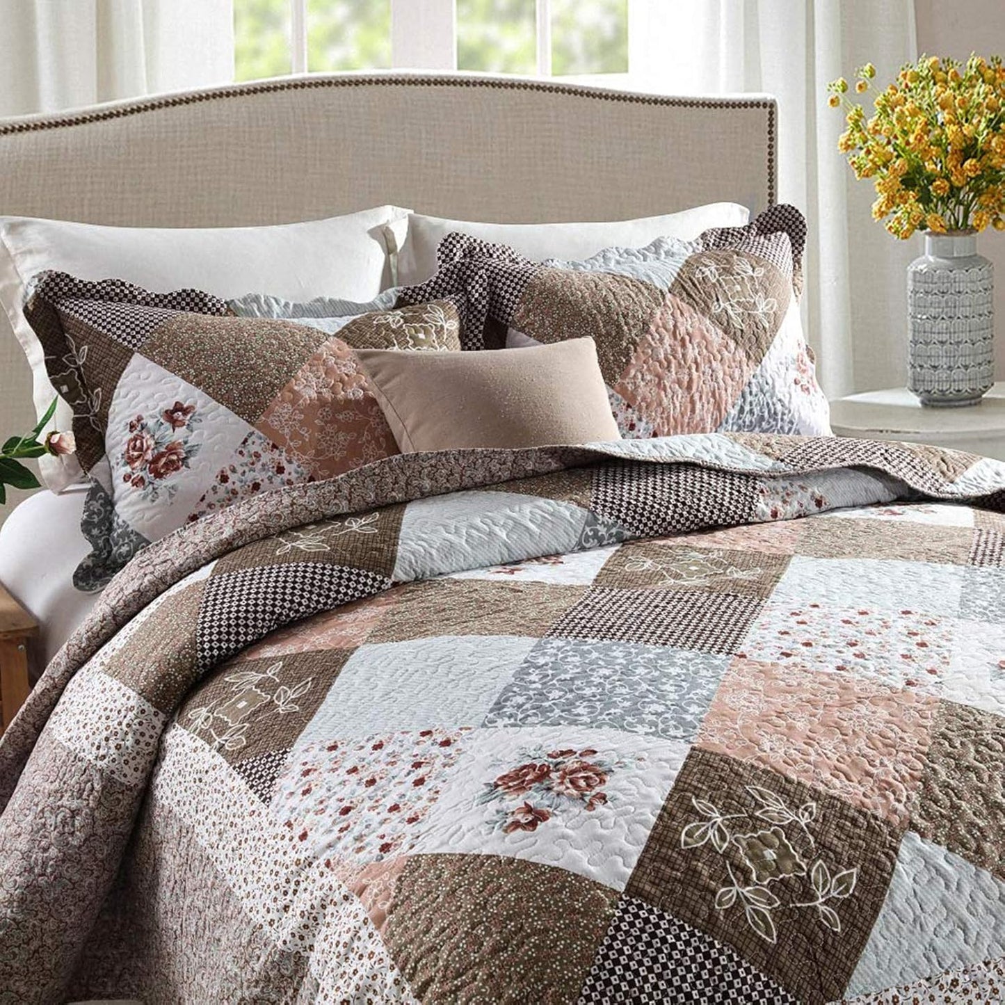 NEWLAKE Quilt Bedspread Sets-Checkered Floral Reversible Coverlet Set,King Size
