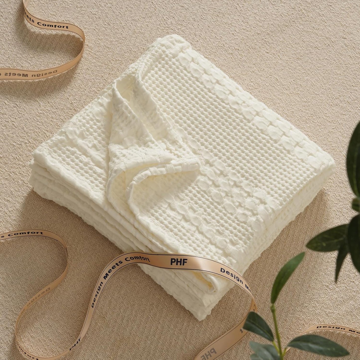 PHF 100% Cotton Waffle Weave Throw Blanket, Soft Lightweight Breathable Cozy Summer Throws for Couch Bed Sofa, Luxury Aesthetic Woven Blanket for Home Decor & Office, 50"x60", Cannoli Cream