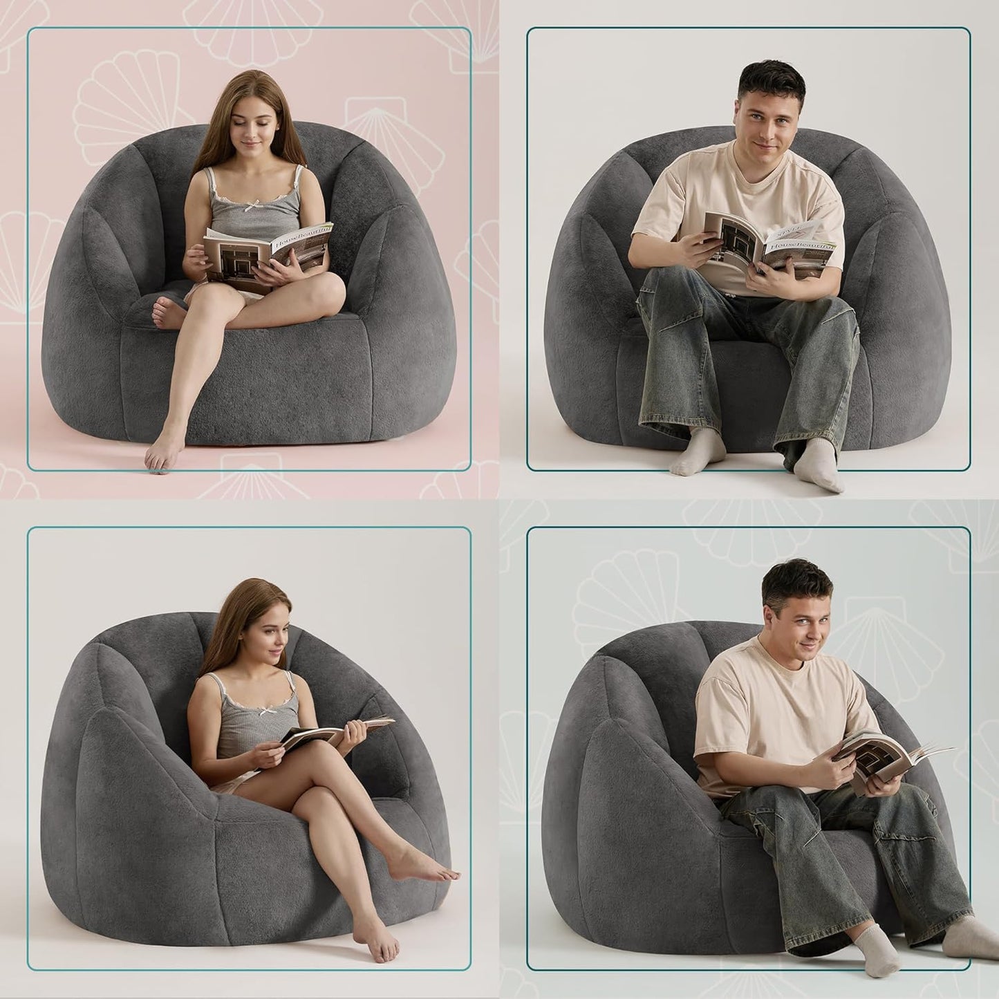 Giant Bean Bag Chair for Adults - Comfy Plush Round Shell Soft Accent Chair, Oversized Cozy Lounge Floor Sofa Reading Chair, Mini Couch for Living Room, Bedroom & Game Rooms, Gray