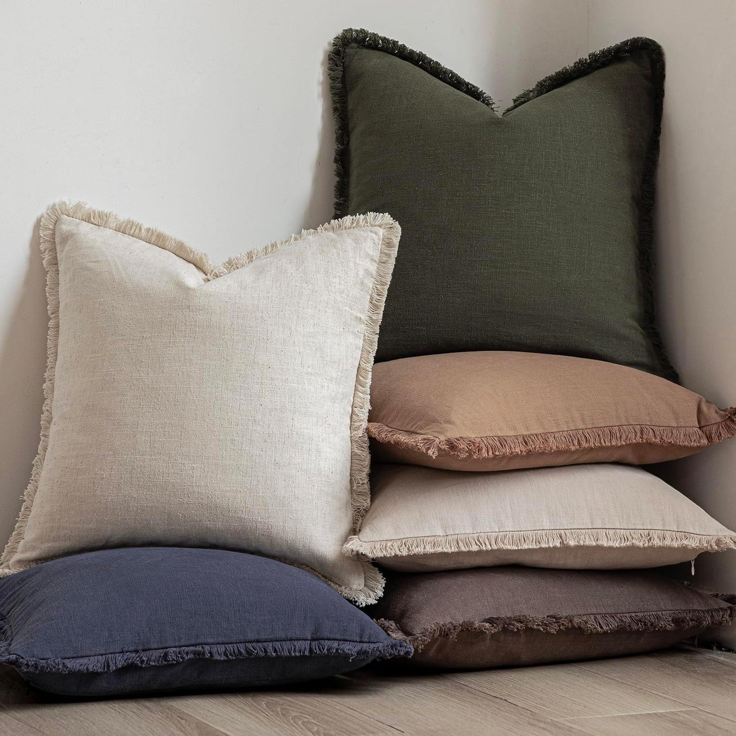 Foindtower Set of 2 Decorative Linen Fringe Lumbar Throw Pillow Covers Boho Farmhouse Cushion Cover with Tassels Accent Pillowcase for Couch Sofa Bed Living Room Home Decor,12×20 Inch,Dark Olive Green