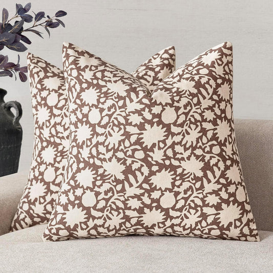 Foindtower Set of 2 Decorative Neutral Floral Throw Pillow Covers Accent Farmhouse Cushion Covers Boho Vintage Pillowcase for Couch Sofa Bedroom Living Room Home Decor Outdoor,22×22 Inch,Brown