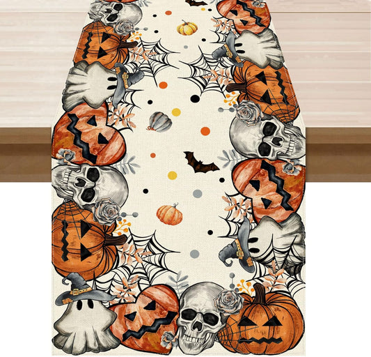 XCHI Spooky Skeleton Ghost Pumpkin Halloween Table Runner Party Table Decoration for Home Kitchen Dining Holiday Decor 13x90 Inch