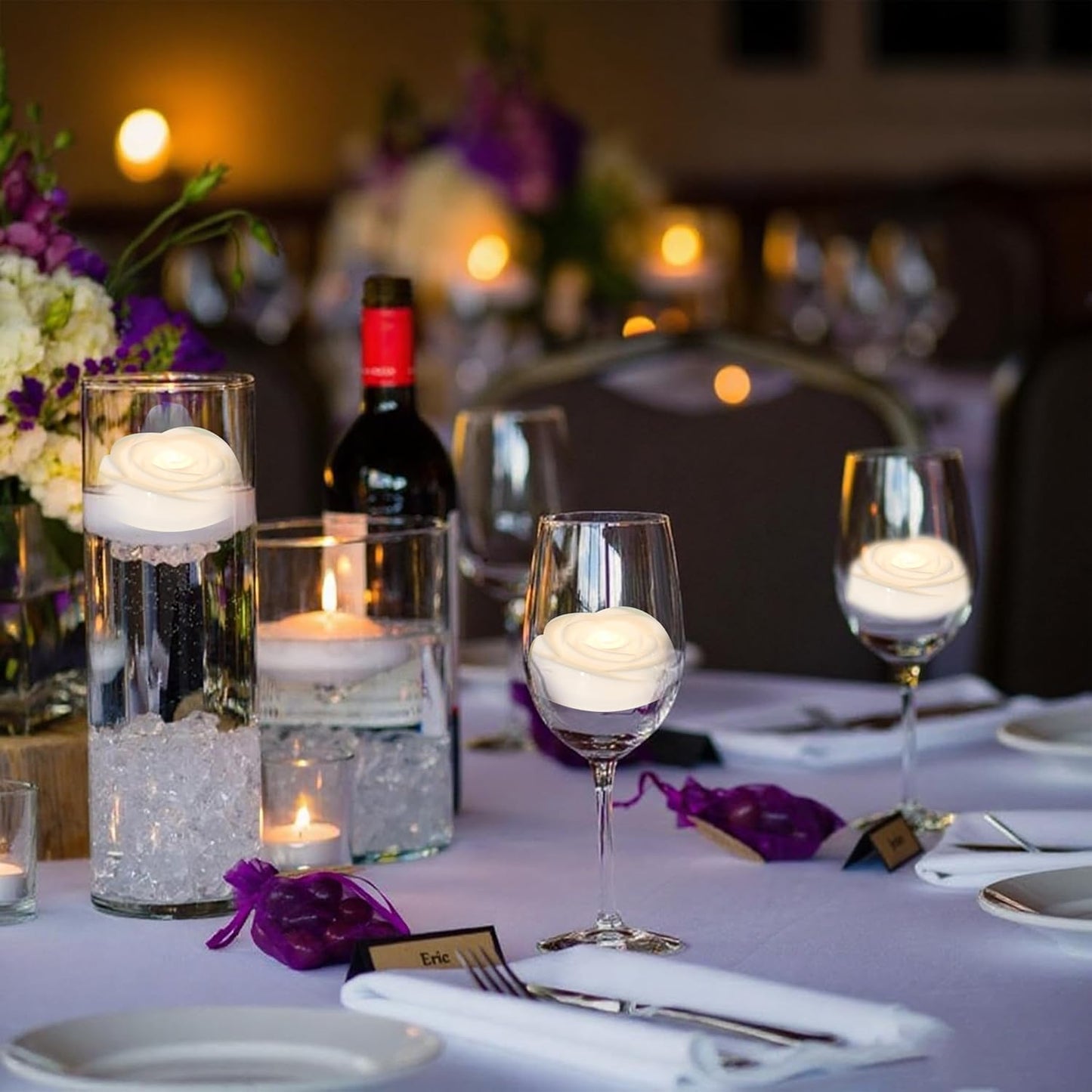 Aignis 24pcs Flameless LED Floating Candles, White Rose Plastic Tealight Battery Operated, 120+ Hours Glow Time, Cozy Light for Romantic Pool/Bathtub/Hot Bath/Wedding Centerpiece Decor(D2.83*H1.42)