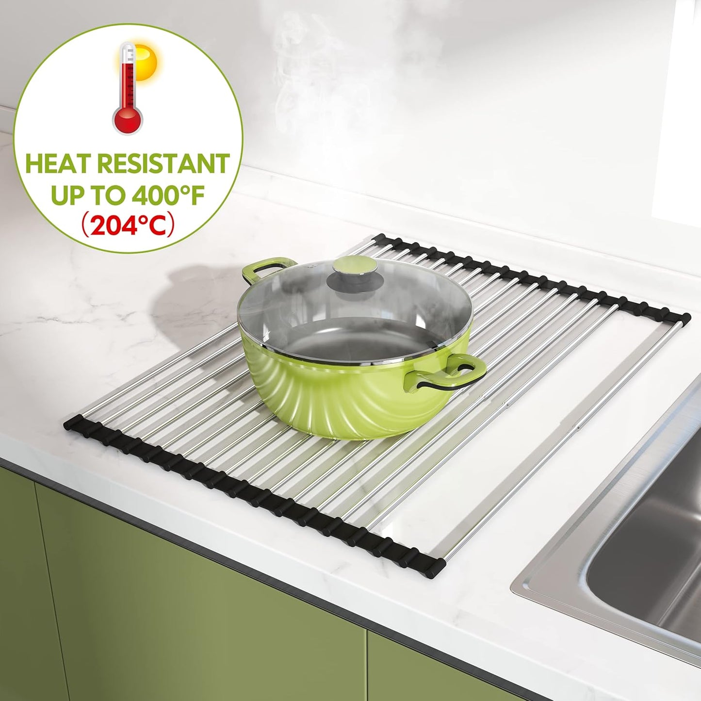 Dish Drying Rack, Roll Up Dryer Rack for Inside Sink, Expandable (12.8"-23.8" D x 15.5" W) 304 Stainless Steel Dish Drainers for Kitchen Counter, Over Sink Cover with Utensil Holder