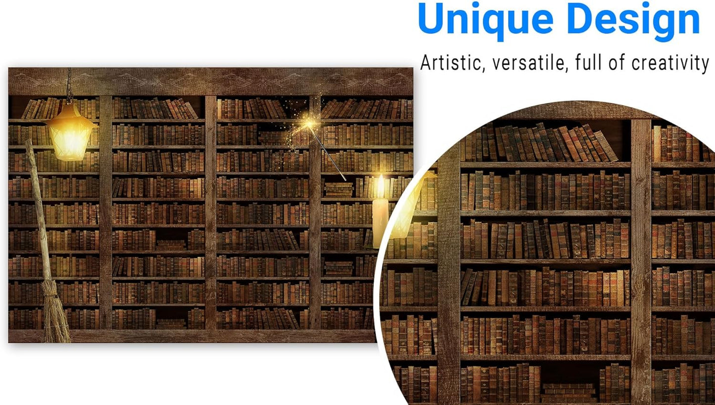 Funnytree 7x5FT Wizard Magic Bookshelf Photography Backdrop for Halloween Bookcase Dress Up Party Decor Ancient Library Background Photo Booth Prop