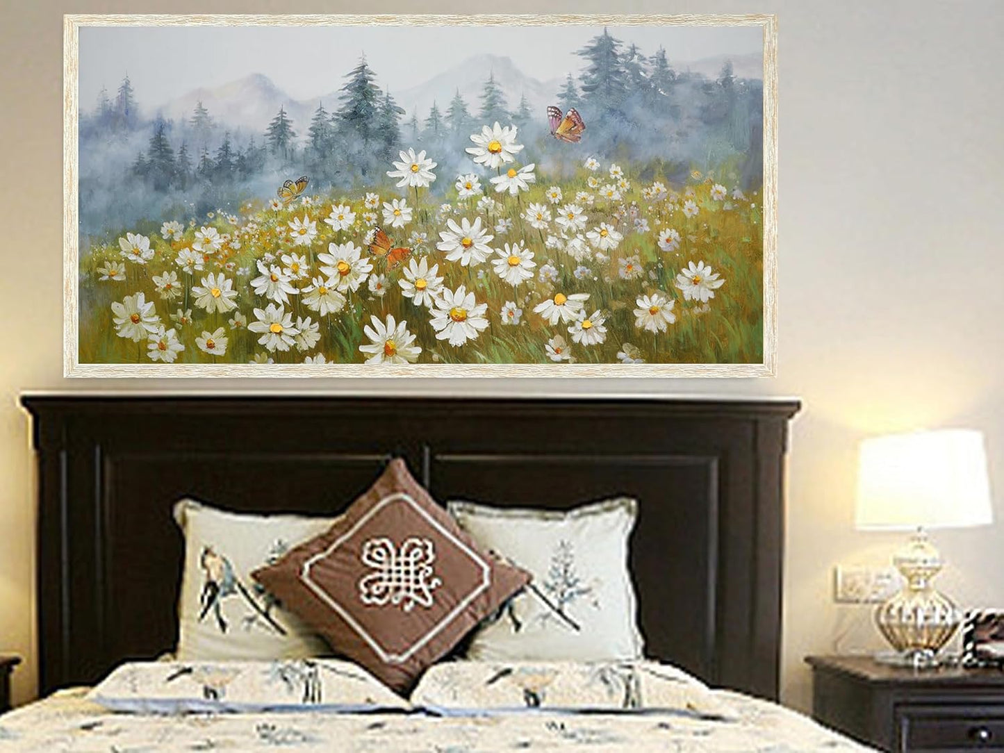 Arjun Flower Wall Art Canvas Landscape Daisy Painting Mountain Picture White Daisy Textured Floral Artwork for Living Room Bedroom Bathroom Office Home Wall Decor, Large Wood Grain Framed 48"x24"