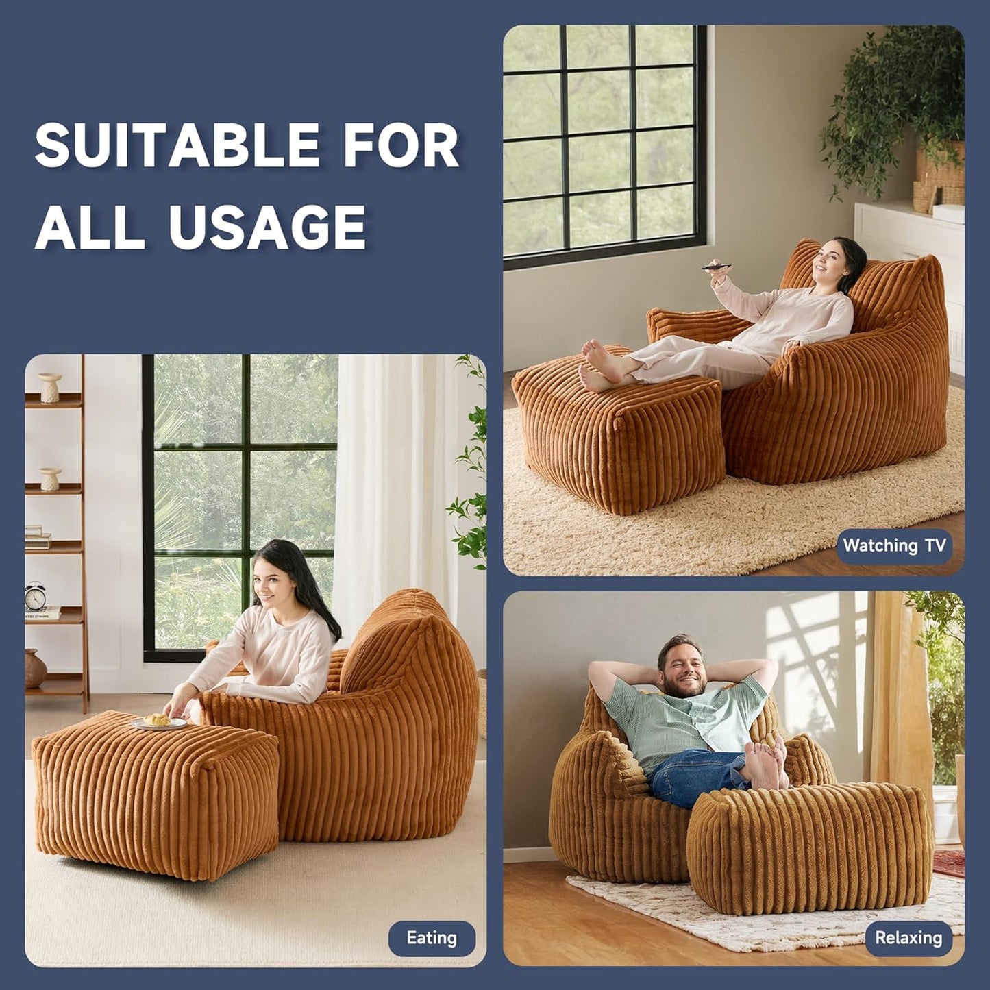 Giant Bean Bag Chairs for Adults, Oversized Chaise Lounge Chair Indoor with Memory Foam - Plush Boneless Lounger & Ottoman for Bedroom, Living Room, Gaming & Reading, Lazy Floor Sofa Chair, Orange