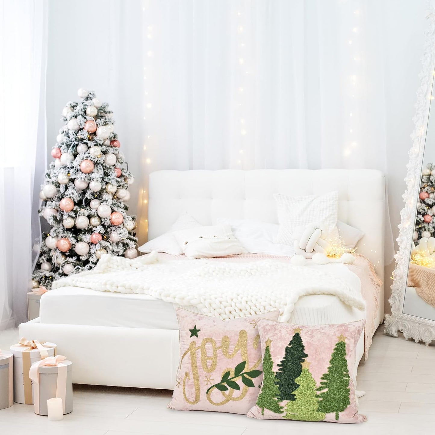 Joy Christmas Pillow Covers 18x18,Embroidered Christmas Throw Pillow Covers Christmas Decorations Holiday Pillows for Home Couch,Pink Blush Gold Velvet Cushion