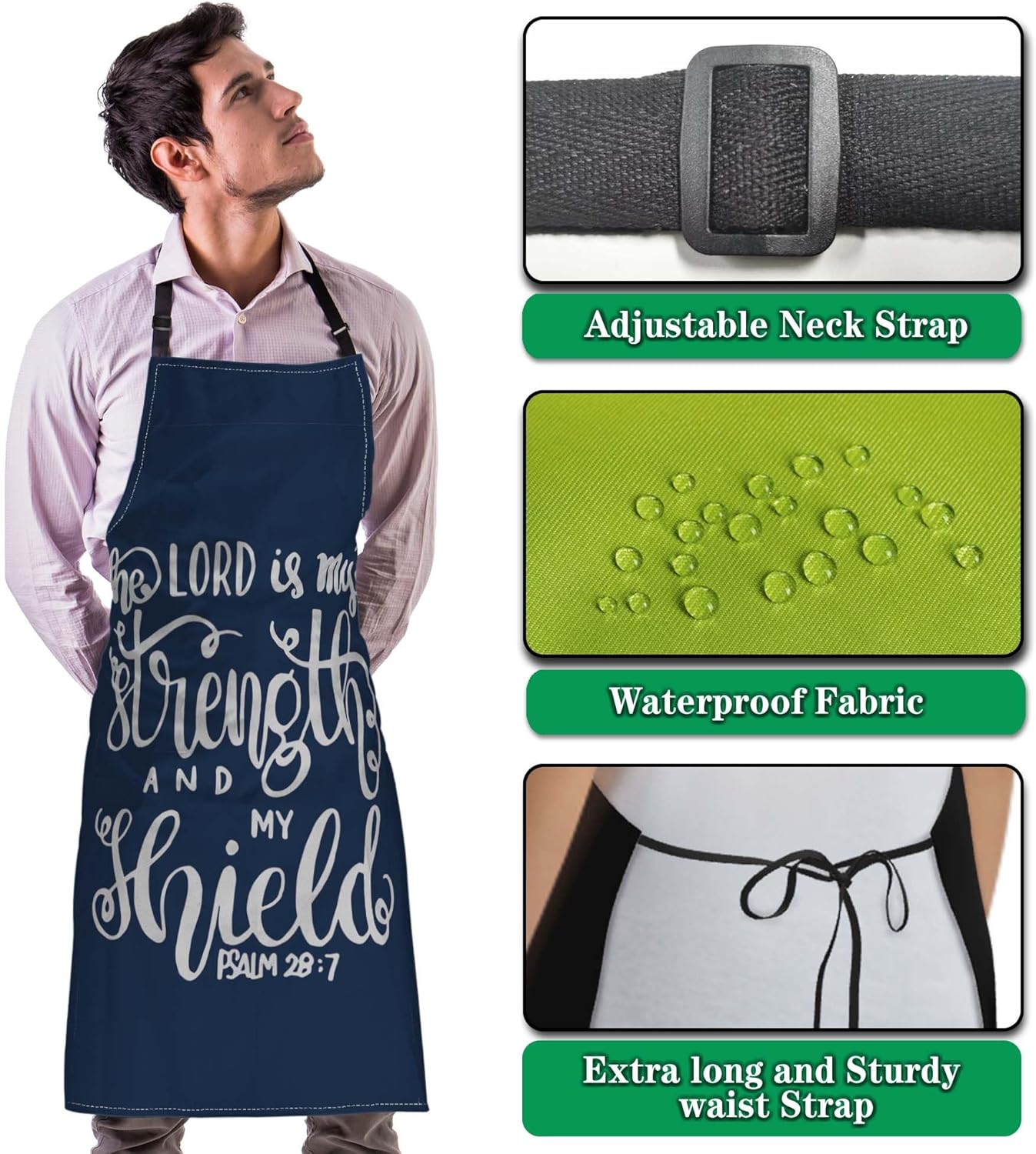 Baking Apron for Men the Lord Is My Strength and My Shield Bible Verse Modern Cute Aprons for Men for Kitchen Cooking Restaurant BBQ Painting Crafting 27” (W) x 31” (H), Waterproof Aprons