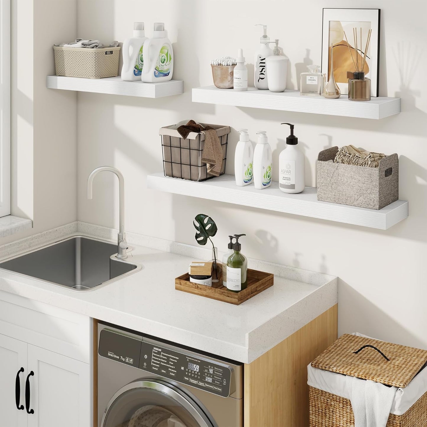 fuqing Floating Shelves for Wall, Bathroom Shelf Wall Mounted for Storage, Shelves with Invisible Bracket for Bedroom, Kitchen, Living Room, Farmhouse Small Book Shelf, 24 Inch Set of 2, White