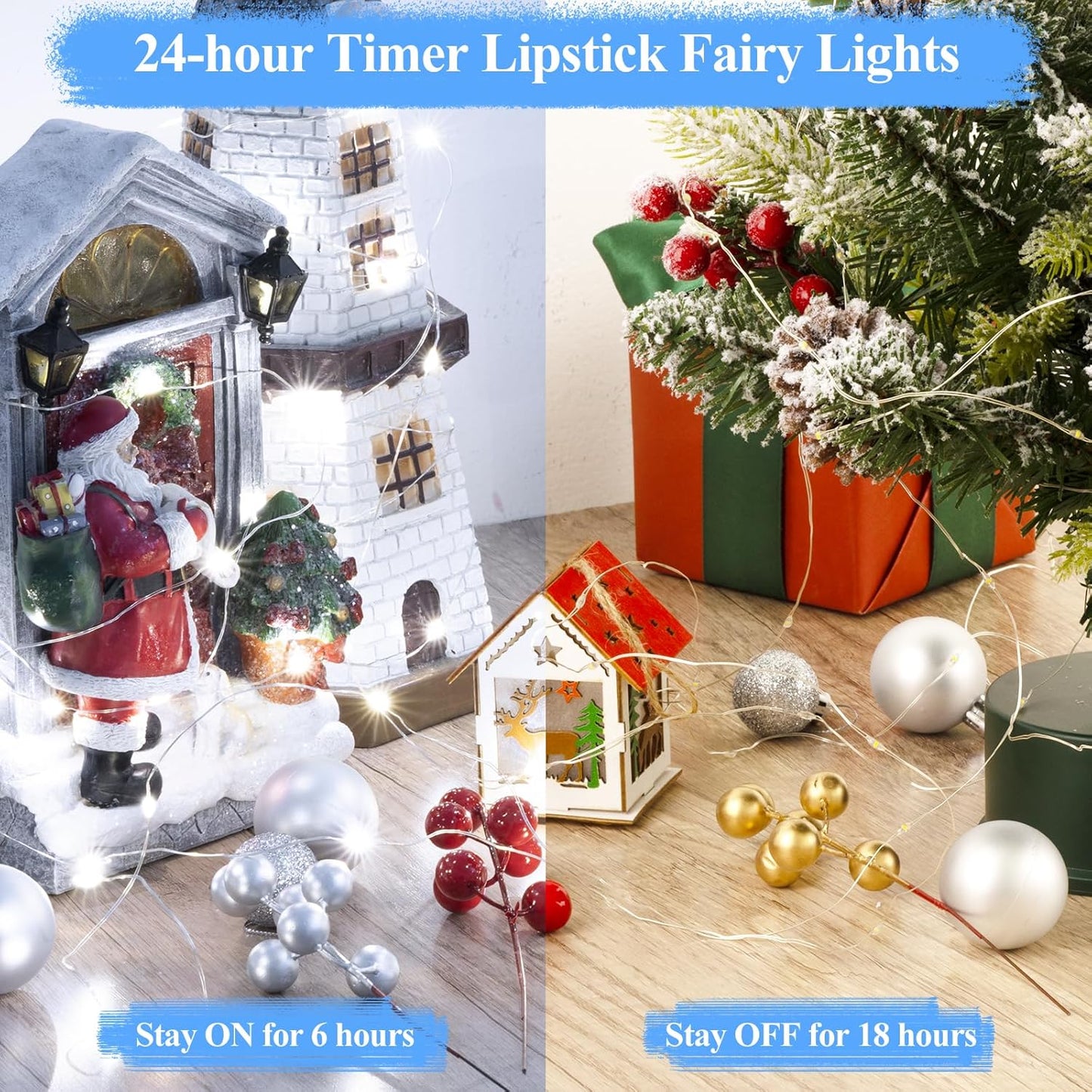 Lakumu 32FT(16 * 2) Fairy Lights Battery Operated, Rechargeable String Lights with Timer, LED Twinkle Lights for Bedroom, Christmas Decorations, Wedding, Vine, Centerpiece Table Decor Cool White