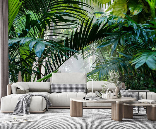 -Rainforest Leaves Fabric Wallpaper Green Trees Mural Bedroom 140" x 91" (Not Peel and Stick)