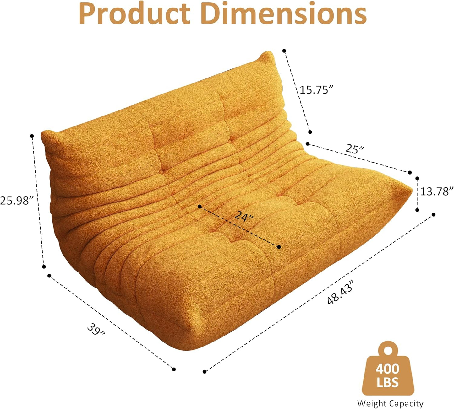 Bean Bag Chair, Oversized Loveseat Fireside Chair for Adults, 2 Seater with Memory Foam Filled, Lazy Sofa Lounge Floor Sofa for Living Room, Bedroom, Office, No Assembly Required. (Yellow)