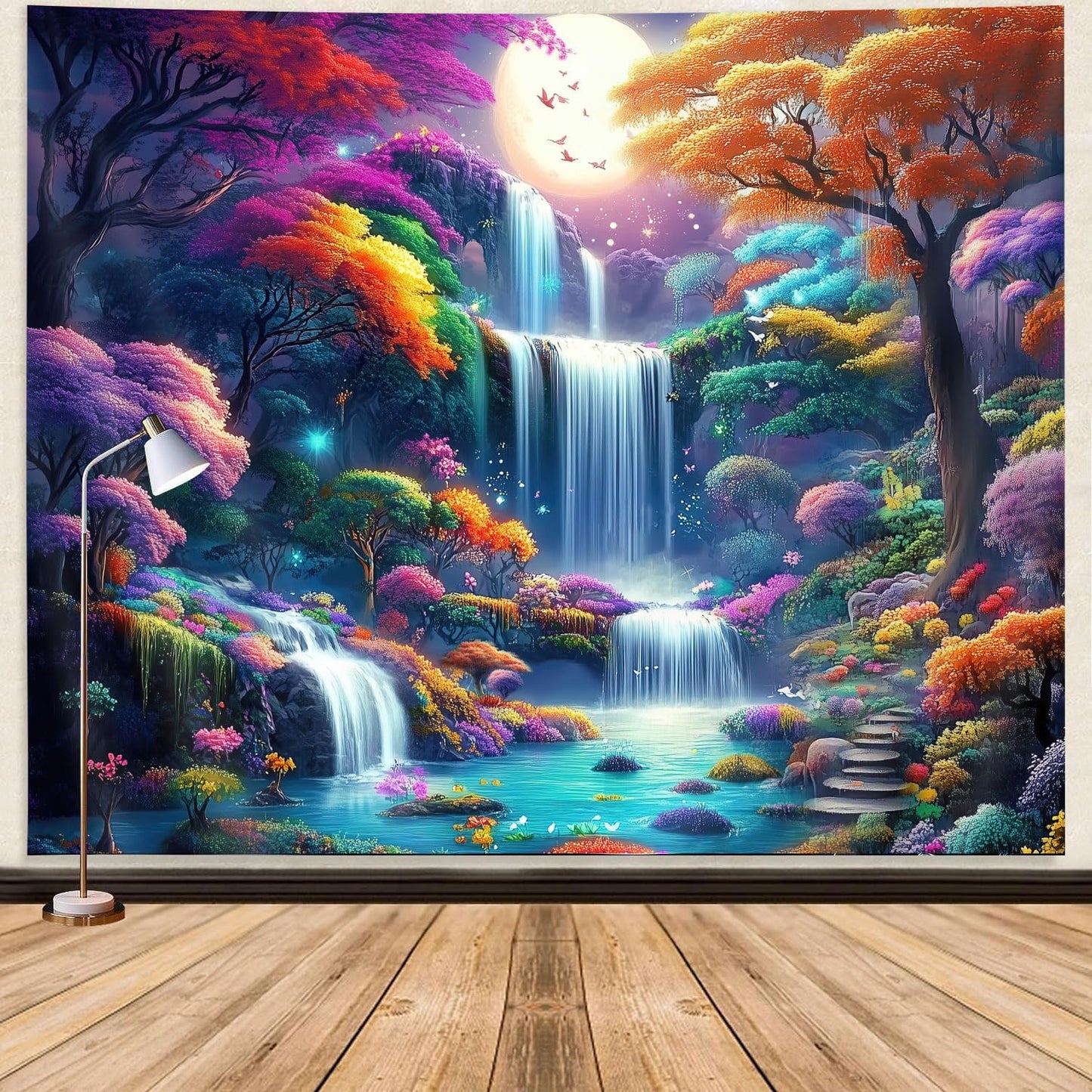 GOAOK Fantasy Enchanted Forest Tapestry, Fairytale Wonderland Colorful Tree Waterfall Art Moon Magical Aesthetic Landscape Tapestry Wall Hanging for Bedroom College Dorm Room?60"X40"Inch