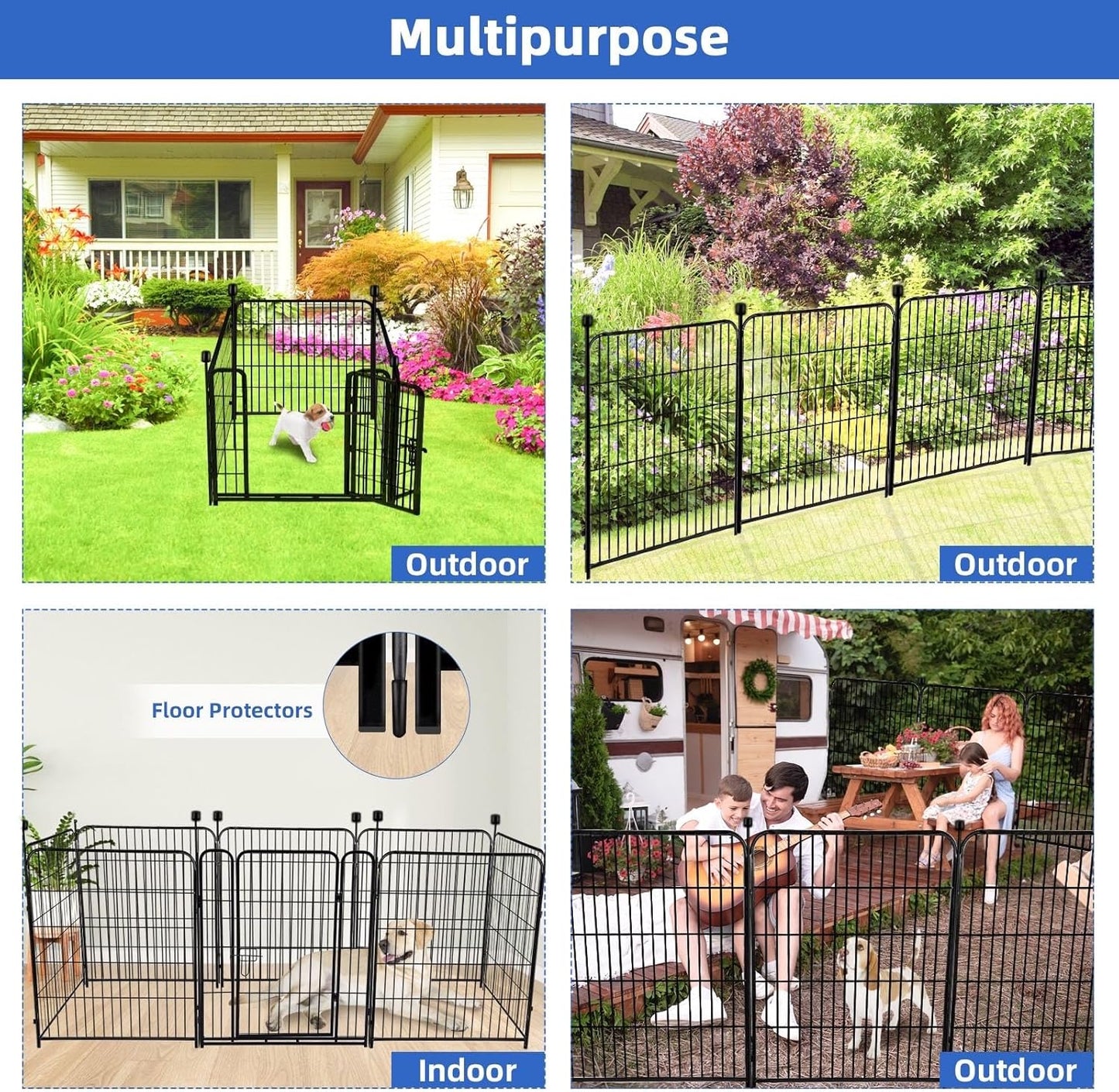 ADAVIN Tall Garden Fence with Low Threshold Door,54 in(H) 4 Panels Total 8.8 Ft(L) Fencing for Dogs, Garden Fence Animal Barrier, Black Iron Metal Heavy Duty Dog Fence Outdoor for Yard