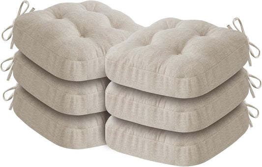 Chair Cushions, Foam Dining Chair Cushions, Tufted Indoor Chair Pads, Set of 6, Beige, 16.5” x 16.5” x 3.5”