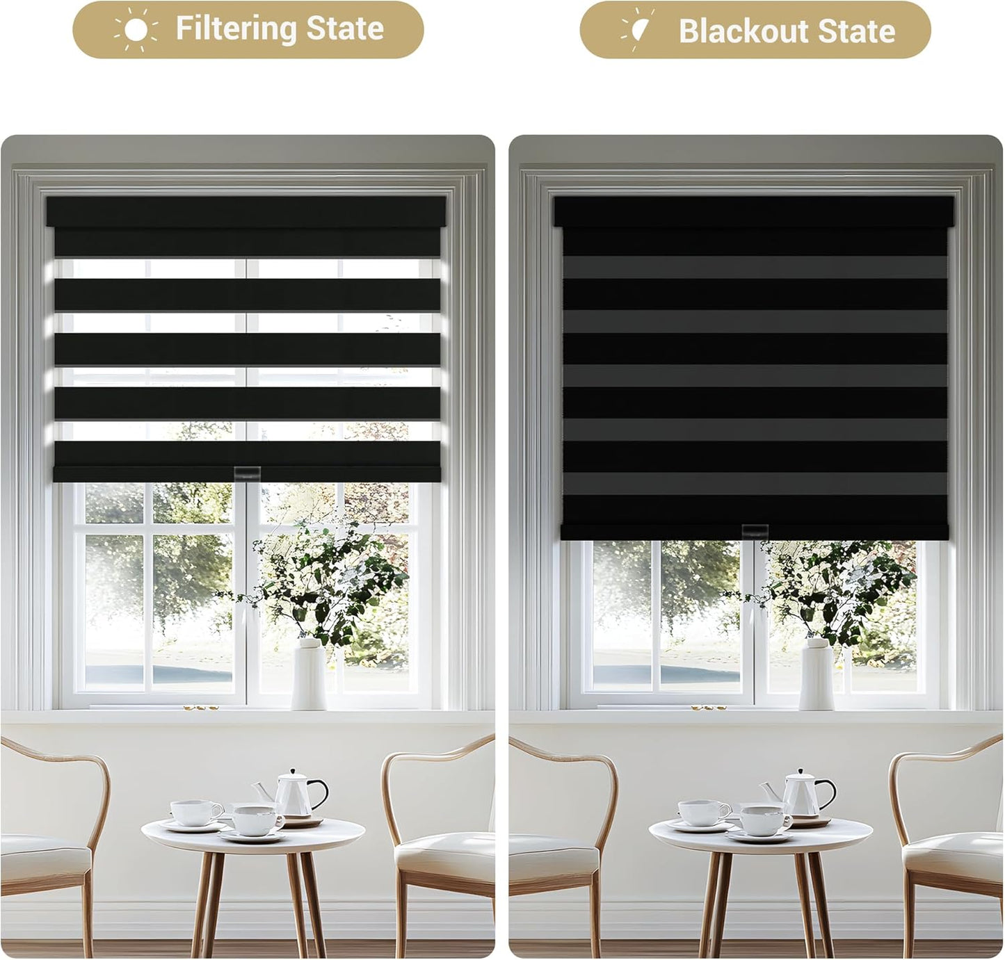 Cordless Zebra Blinds for Windows, Blackout Interior Blinds,Easy to Install,UV Protection,for Offices and Home,Custom Roller Shades, Solid Black, 31" W x 48" H