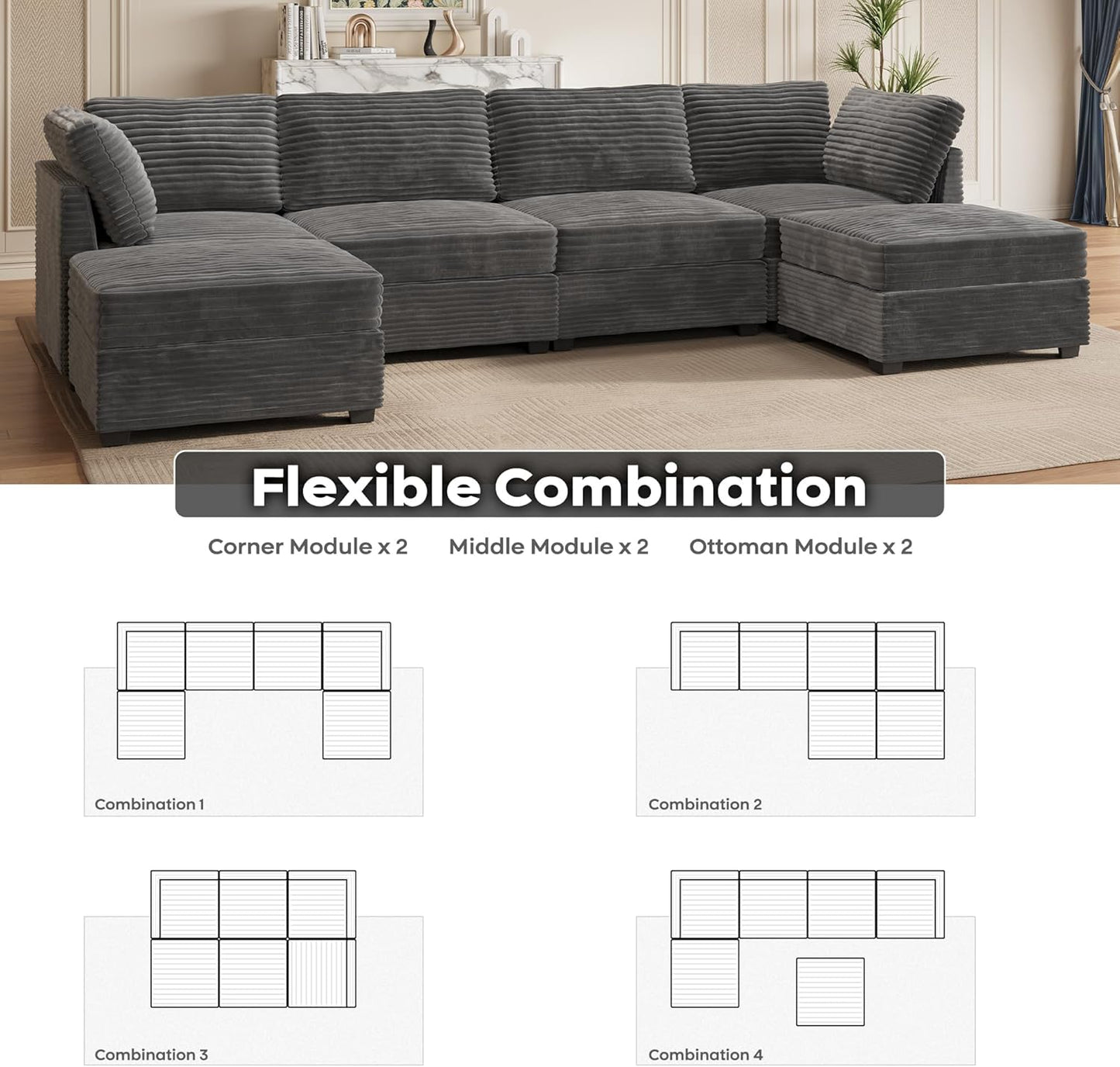 ovios Sectional Sofa Couch with U-Shape Chaise Ottomans, Comfy Modular Cloud Couches with Deep Seat, Modern Upholstered Plush Corduroy Sofas Set for Living Room, 6-Seater, Grey