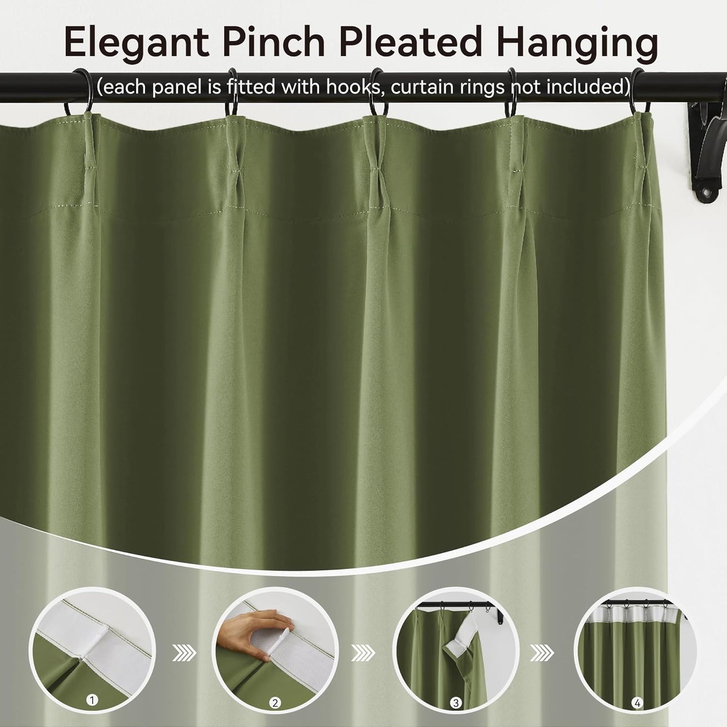 102 Inch Blackout Curtains Pinch Pleated Thermal Insulated Drapes for Bedroom, Room Darkening Solid Window Treatments for Living Room for Traverse Rod With Hooks(2 Panels,40x102 Inch, Sage Green)