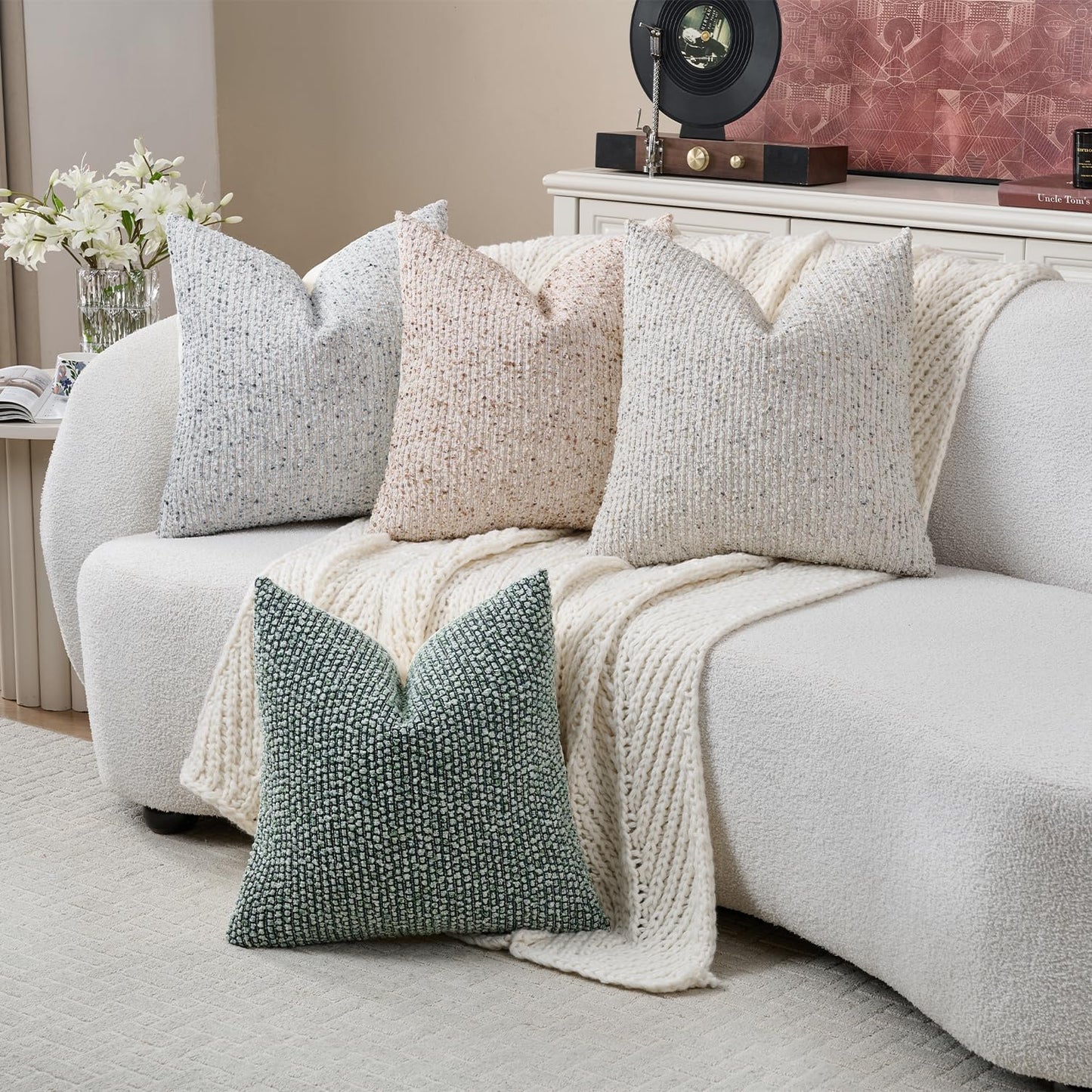 Striped Throw Pillow Covers 18x18 Set of 2 Beige Textured Boucle Chic Morden Boho Accent Farmhouse Square Decorative Couch Pillow Covers for Home Decor Bed Sofa Living Room