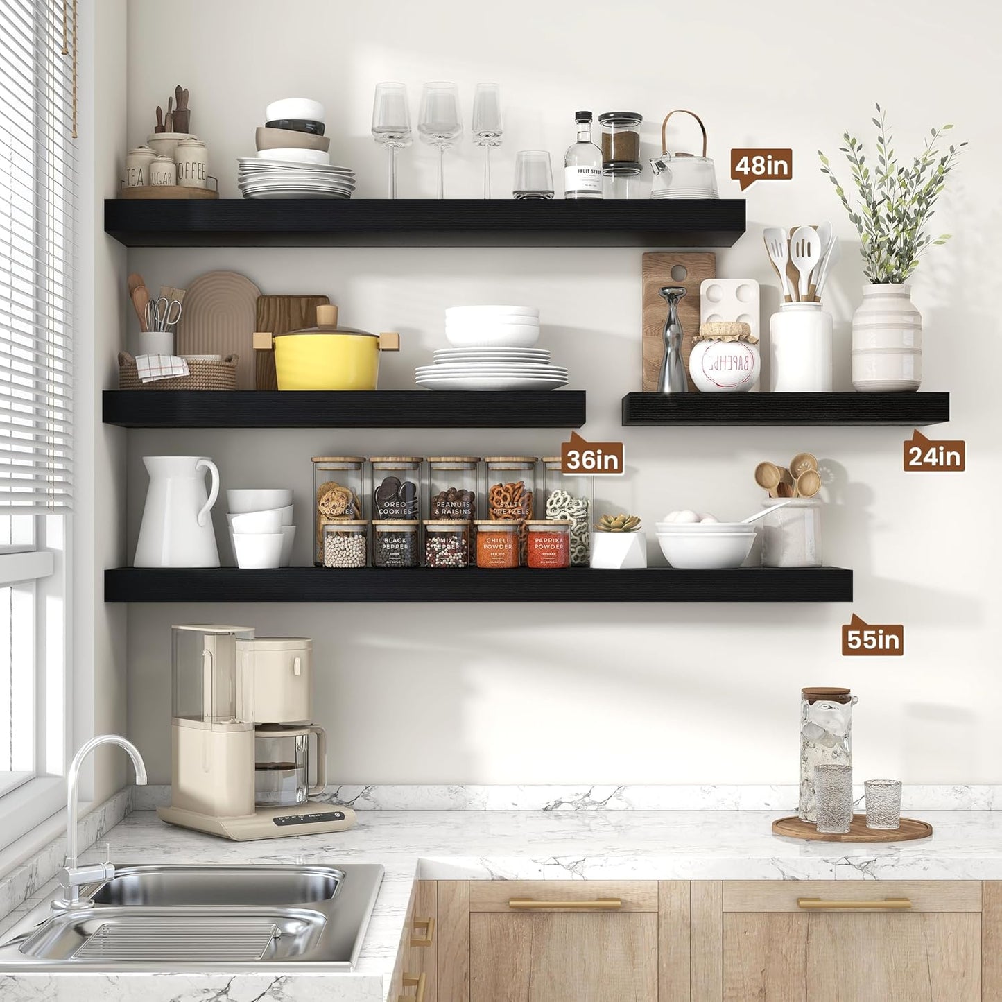 Heimlove 55 Inch Floating Shelves for Wall,10 Deep Large Black Wall Shelf with Heavy Duty Brackets,Mounted Storage & Display Shelves for Bedroom,Living Room,Kitchen,Office,Set of 2