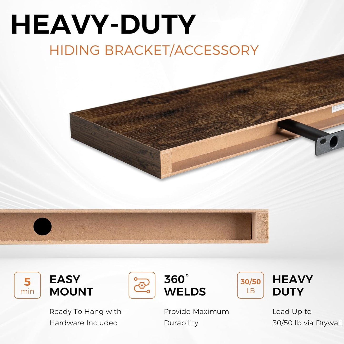 Fun Memories Floating Shelves for Wall, 24" Rustic Wood Deep Wall Mounted Shelves with Invisible Brackets for Decor & Storage, Floating Shelf for Living Room, Bathroom (Rustic Brown, Set of 2)