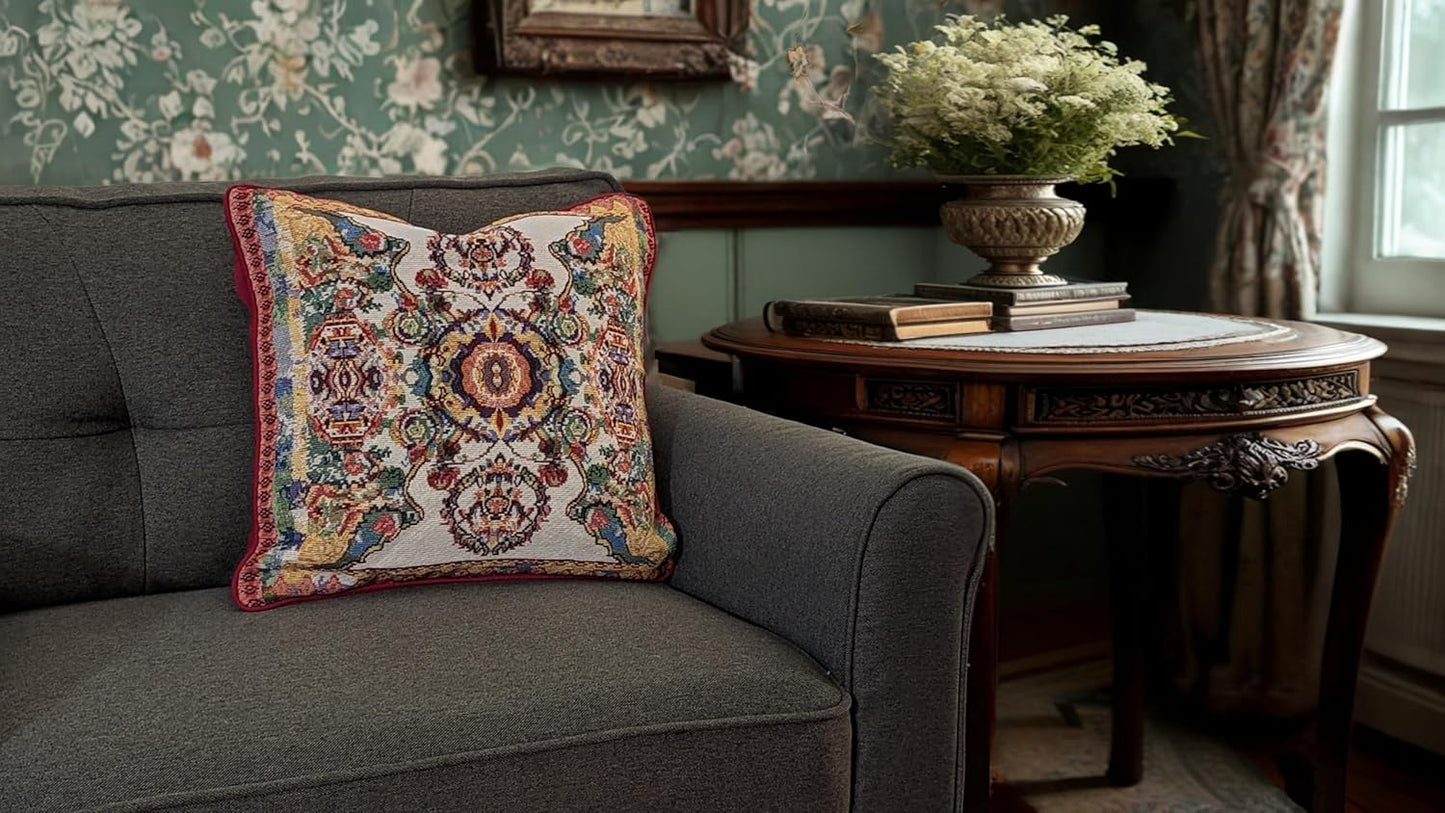 Tache Cushion Cover 18x18 Rococo Elegant Ornate Ivory Colorful Paisley Cotton Linen Tapestry Woven Decorative Throw Pillow Cover, 1 Piece