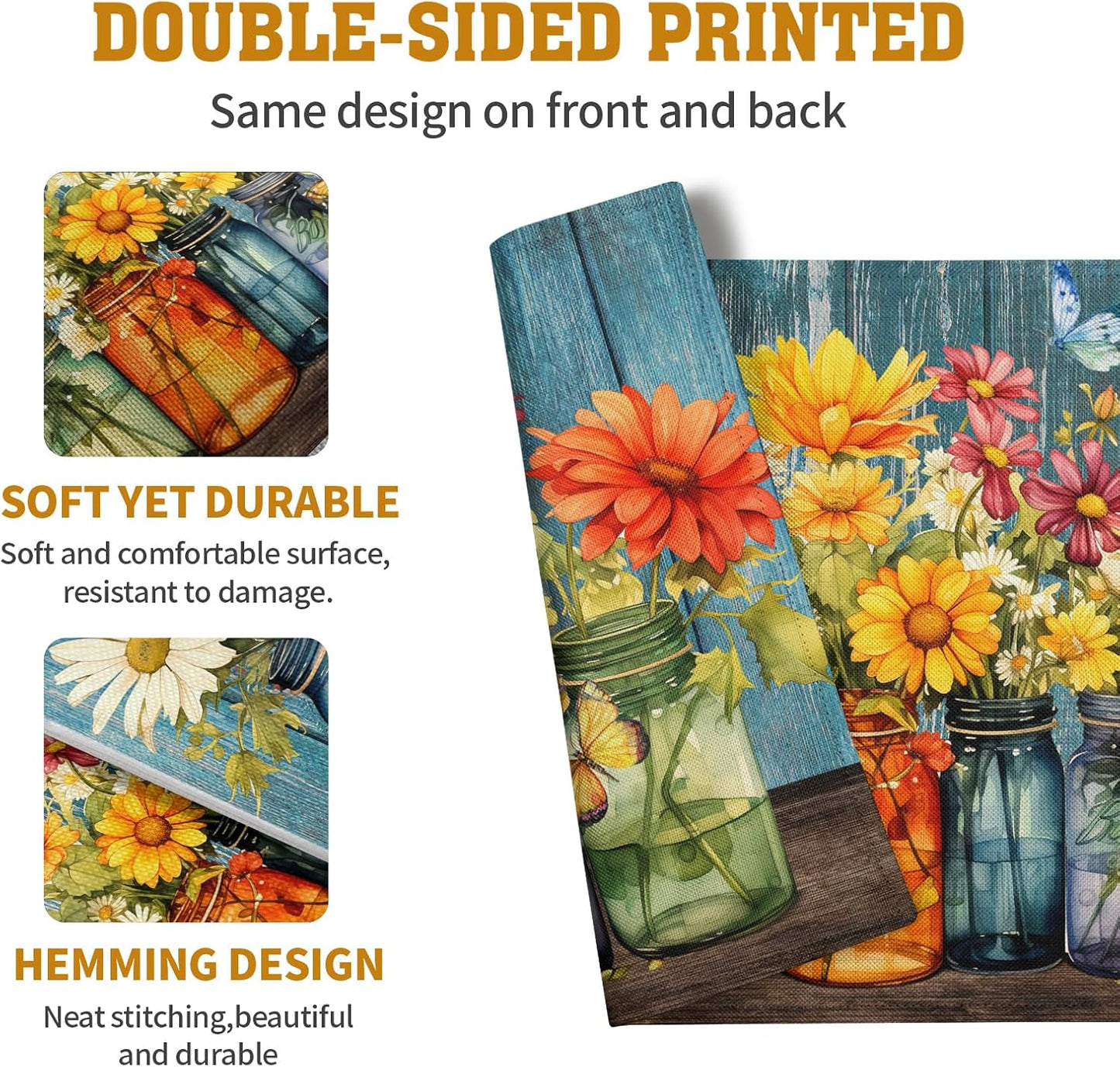 Rustic Daisy Placemats Set of 4 Vintage Flower Vases Wood Grain Linen Table Mats 12x18 Inch Summer Floral Wooden Board Farmhouse Washable Place Mat for Party Kitchen Dining Outdoor Indoor Decor