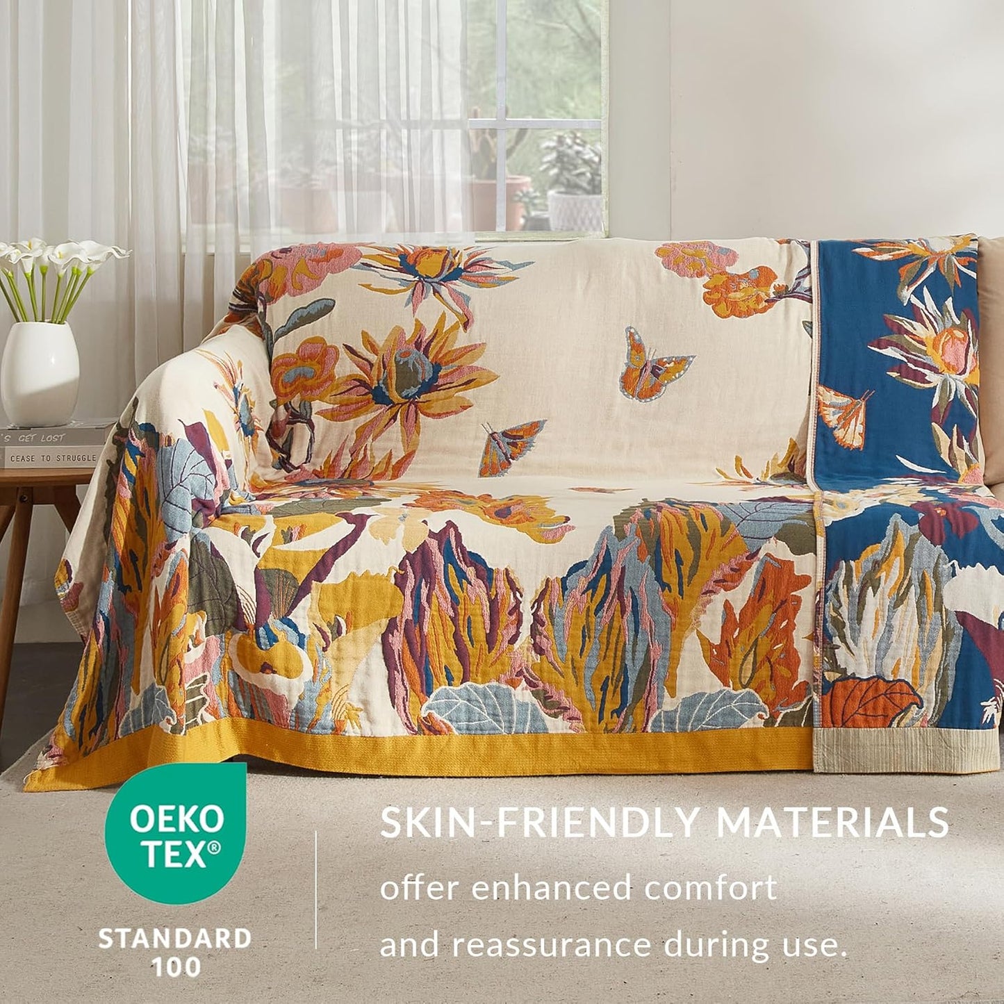 Boho Throw Blanket for Couch Sofa Bed, 100% Cotton Woven Quilt with Tassel 80”x90”, Super Soft Muslin Blanket with Floral Printed, Decorative Reversible Bed Blanket/Cover for All Seasons