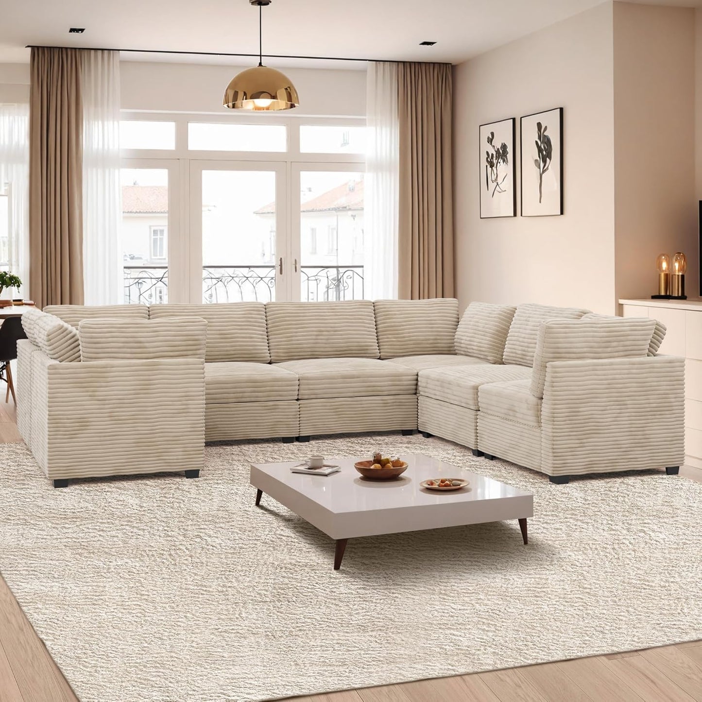 ovios Sectional Sofa Couch with U-Shape Chaise Oversized, Comfy Modular Cloud Couches with Deep Seat, Modern Upholstered Plush Corduroy Sofas Set for Living Room, 7-Seater, Beige