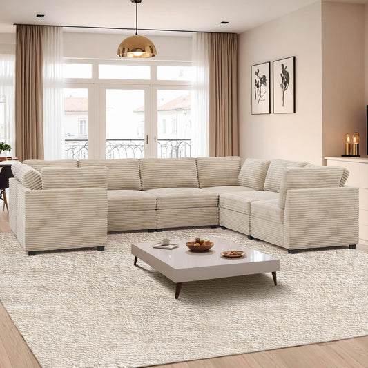ovios Sectional Sofa Couch with U-Shape Chaise Oversized, Comfy Modular Cloud Couches with Deep Seat, Modern Upholstered Plush Corduroy Sofas Set for Living Room, 7-Seater, Beige