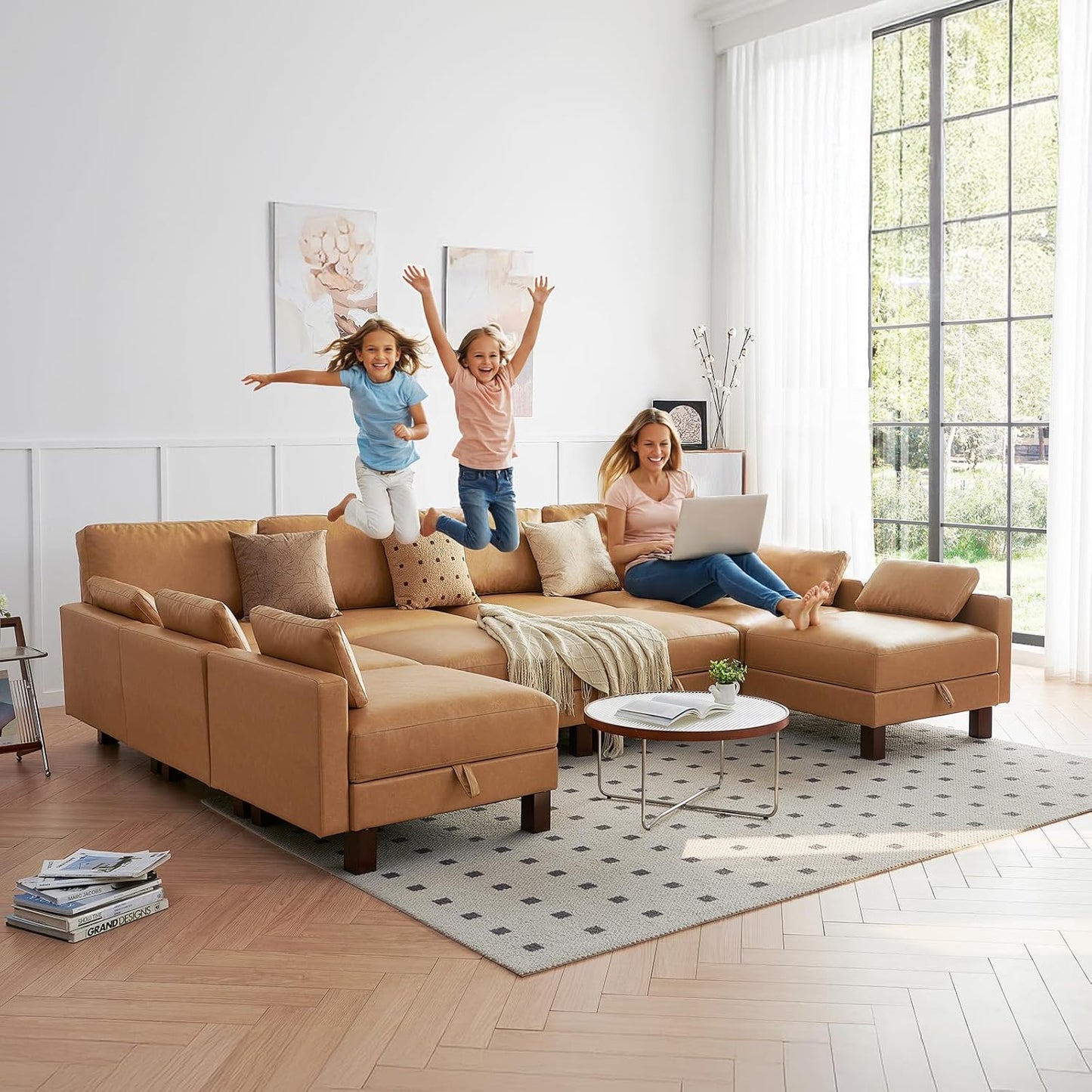 U Shape Sectionals Sofa Couch with Storage, Faux Leather 10 Seater Sofa, Big Comfy Couch, Large Sectionals for Big Space, House, Office, Tan