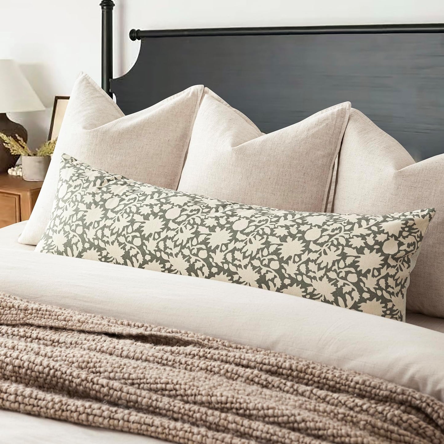 Foindtower Set of 2 Decorative Floral Long Body Lumbar Throw Pillow Covers Accent Farmhouse Cushion Cover Neutral Pillowcase For Couch Sofa Bedroom Living Room Home Decor Outdoor,14×36 Inch,Sage Green