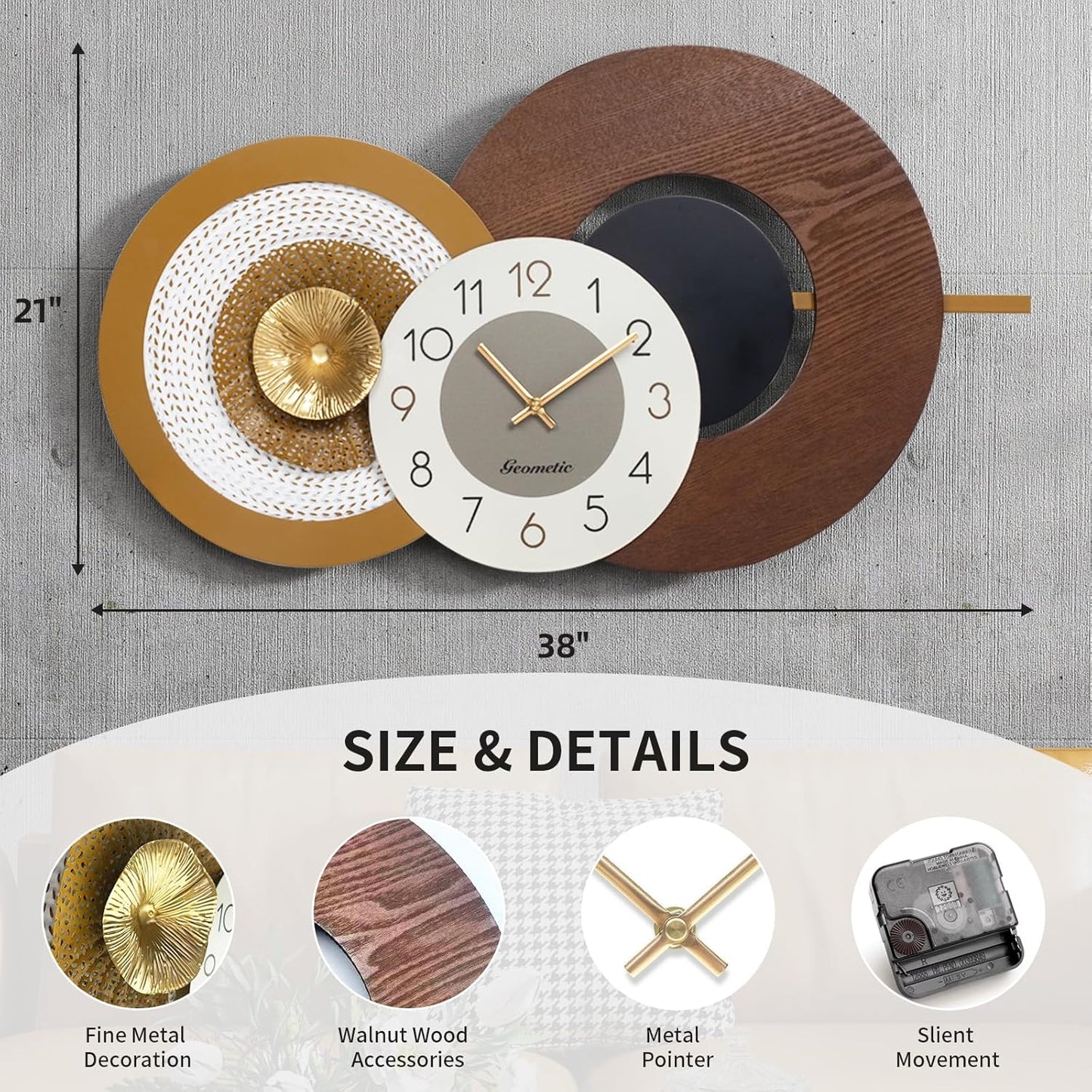 38X21.2 Inch Extra Large Modern Wall Clock, Oversized Wood and Metal Frame Farmhouse Clock, Antique Gold Big Wall Clocks for Living Room, Kitchen, Bedroom, Office