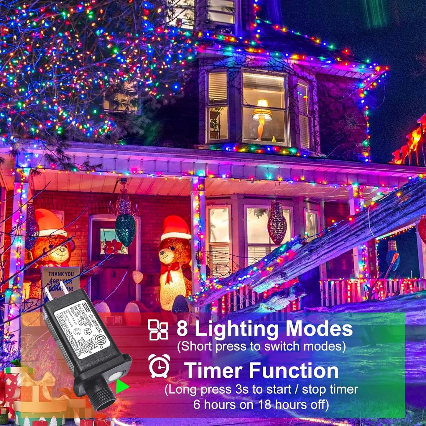 800 LED Christmas Tree Lights, 262FT String Lights for Outdoor Indoor, Waterproof 8 Modes Plug in Christmas Decorations Green Wire for House Patio Party Holiday Decorations, Multicolor