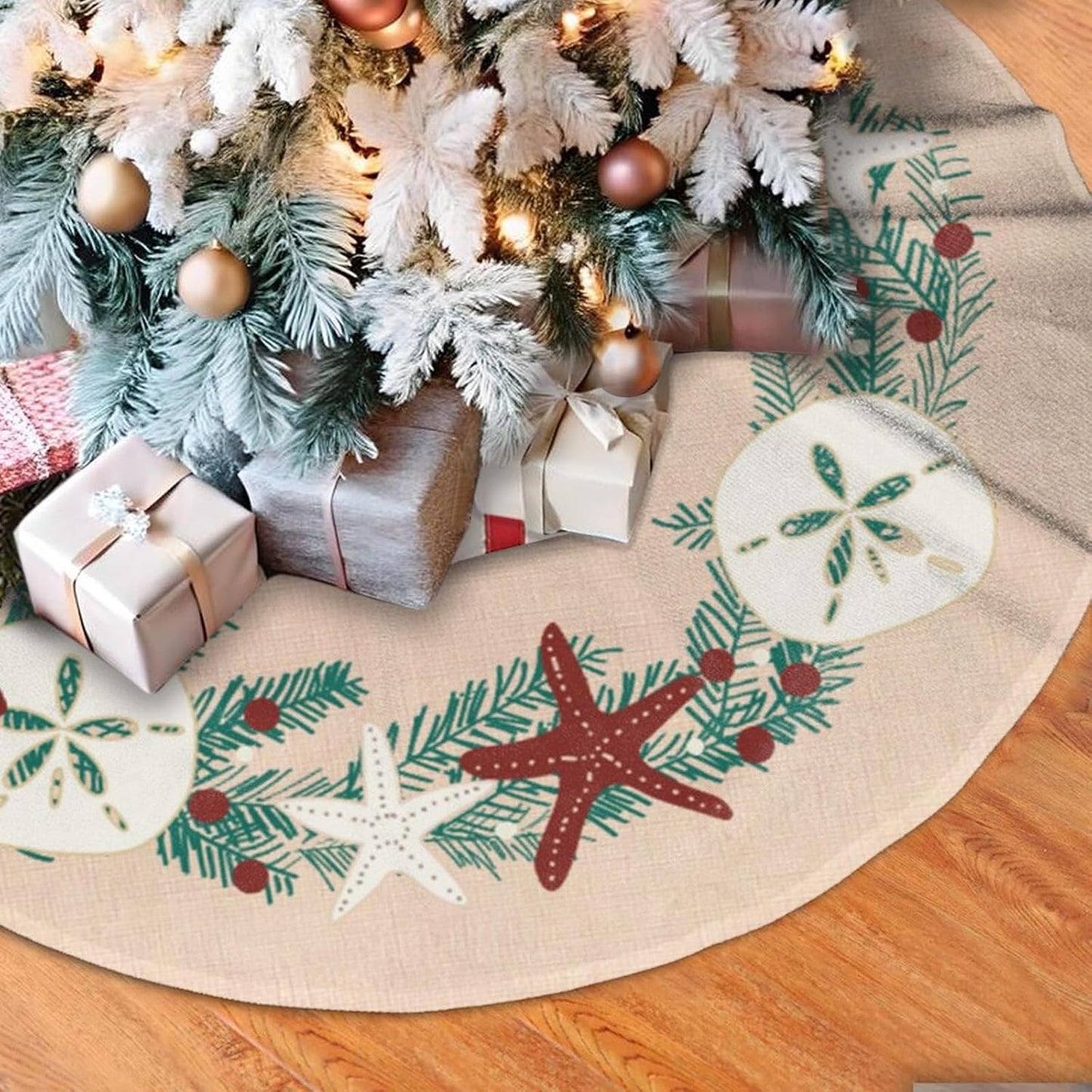 36" Large Christmas Tree Skirt, Coastal Rustic Beach Christmas Holiday Starfish Pattern Tree Mat Base Cover for Xmas Festive Holiday Party Decoration Ornaments