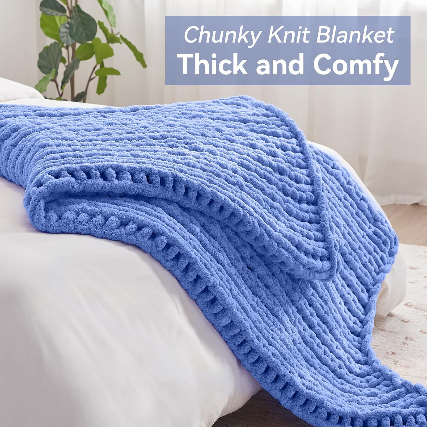 Chunky Knit Throw Blanket, 60''*80'' Knitted Throw Chenille Yarn for Bed Couch, Handmade Light Blue Crochet Big Thick Blanket, Machine Washable Cute Comfy Blanket for Home Decor