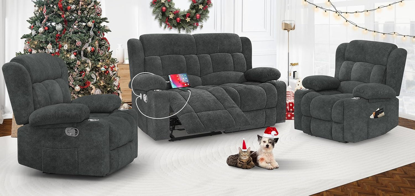 Loveseat Recliner Sofa Set with 2+1+1 Pieces, 2 Seater Minimalist Style Fabric Manual Pull Tab Reclining Loveseat with USB Charge Ports, Cup Holders, Recliner Couches for Living Room, RV, Gray