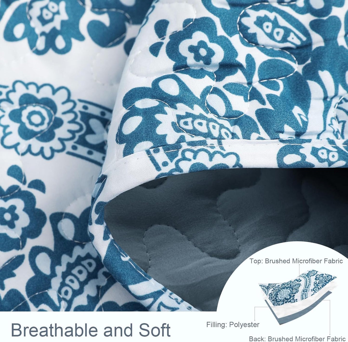 Exclusivo Mezcla Reversible Boho Quilt Set King Size, 3 Pieces Damask Blue All Season Bedspreads, Ultra Soft Floral Coverlet Bedding Set with Printed Pattern (1 Quilt, 2 Pillow Shams)