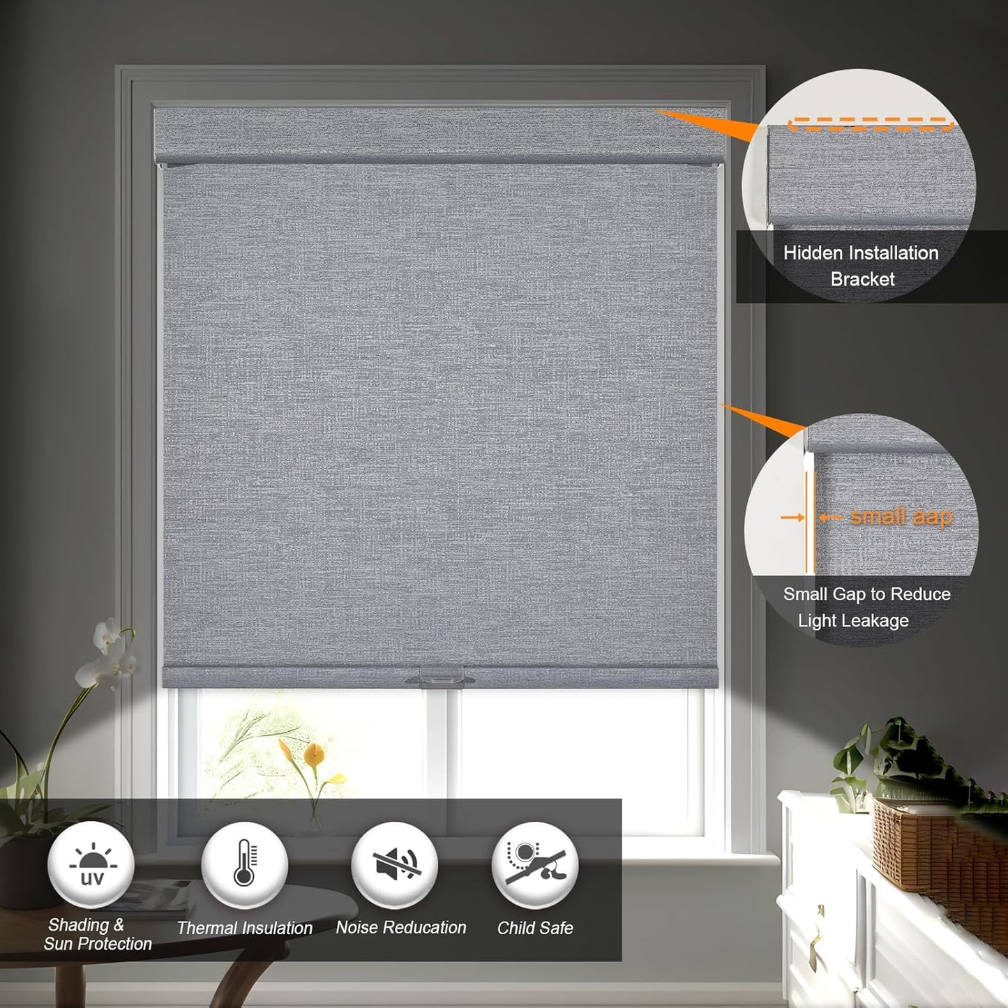 Persilux Blackout Roller Shades for Indoor Windows with Upgraded Cassette, Cordless Shades Window Blinds Pull Down for Doors, Easy to Install for Office/Living Room/Bedroom, Grey(24" W x 84" H)