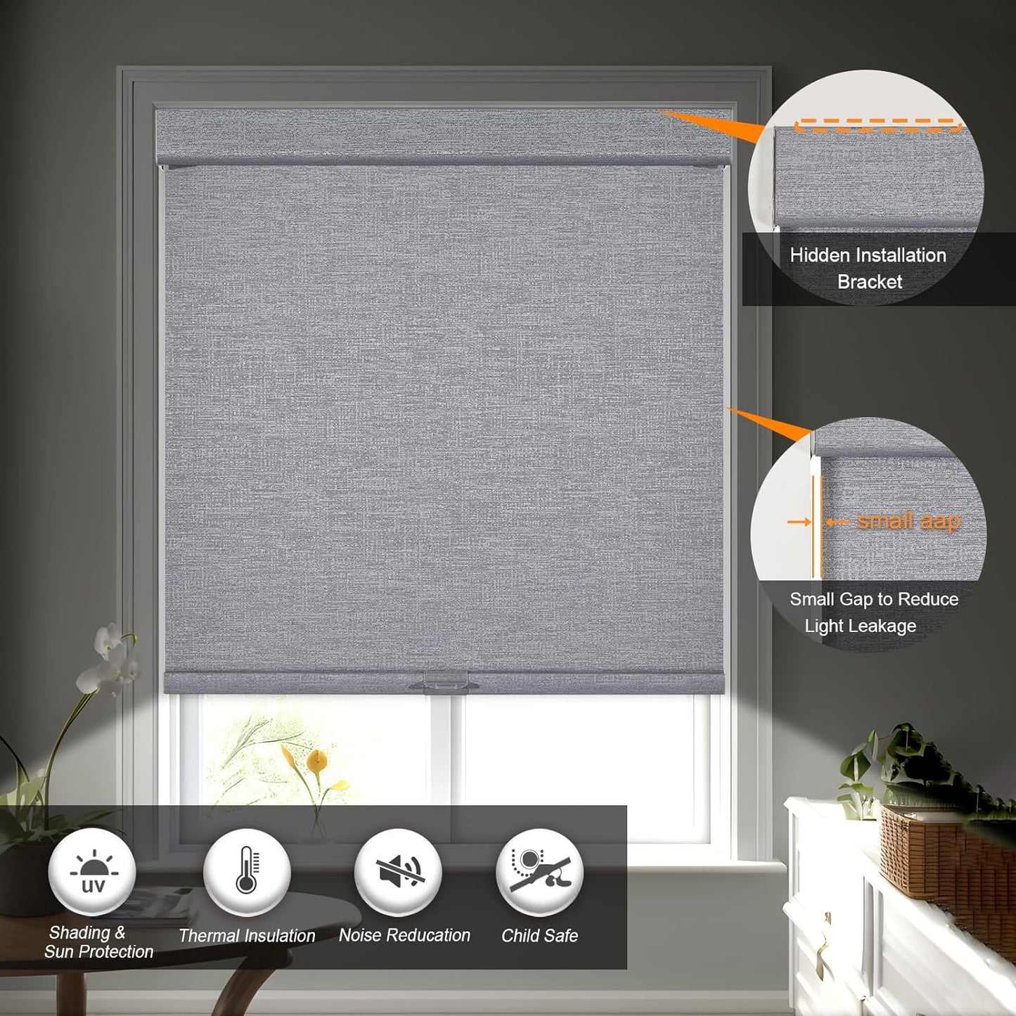 Persilux Blackout Roller Shades for Indoor Windows with Upgraded Cassette, Cordless Shades Window Blinds Pull Down for Doors, Easy to Install for Office/Living Room/Bedroom, Grey(35" W x 84" H)