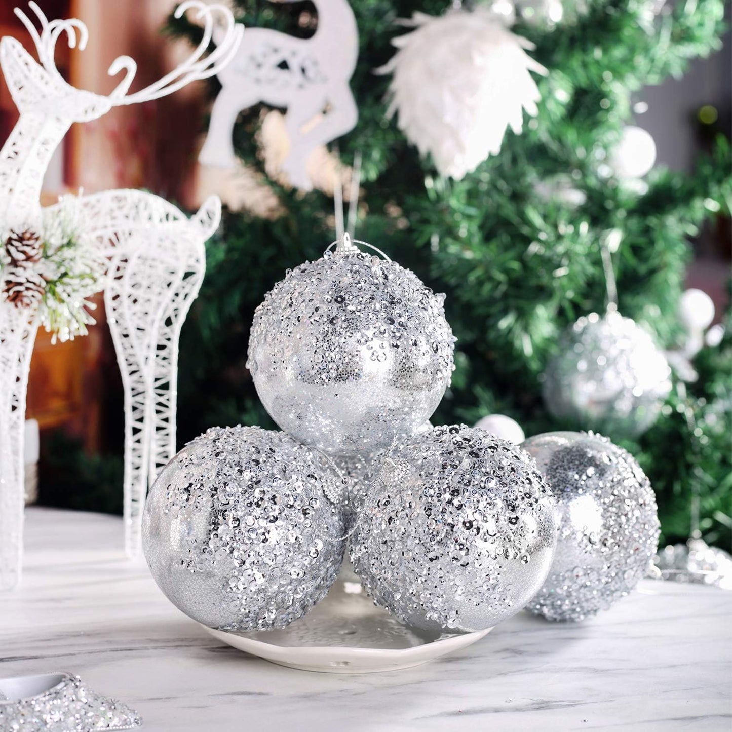 4" Christmas Ball Ornaments, 4pc Set Silver Shatterproof Christmas Decorations Tree Balls for Xmas Trees Wedding Party Holiday Decorations